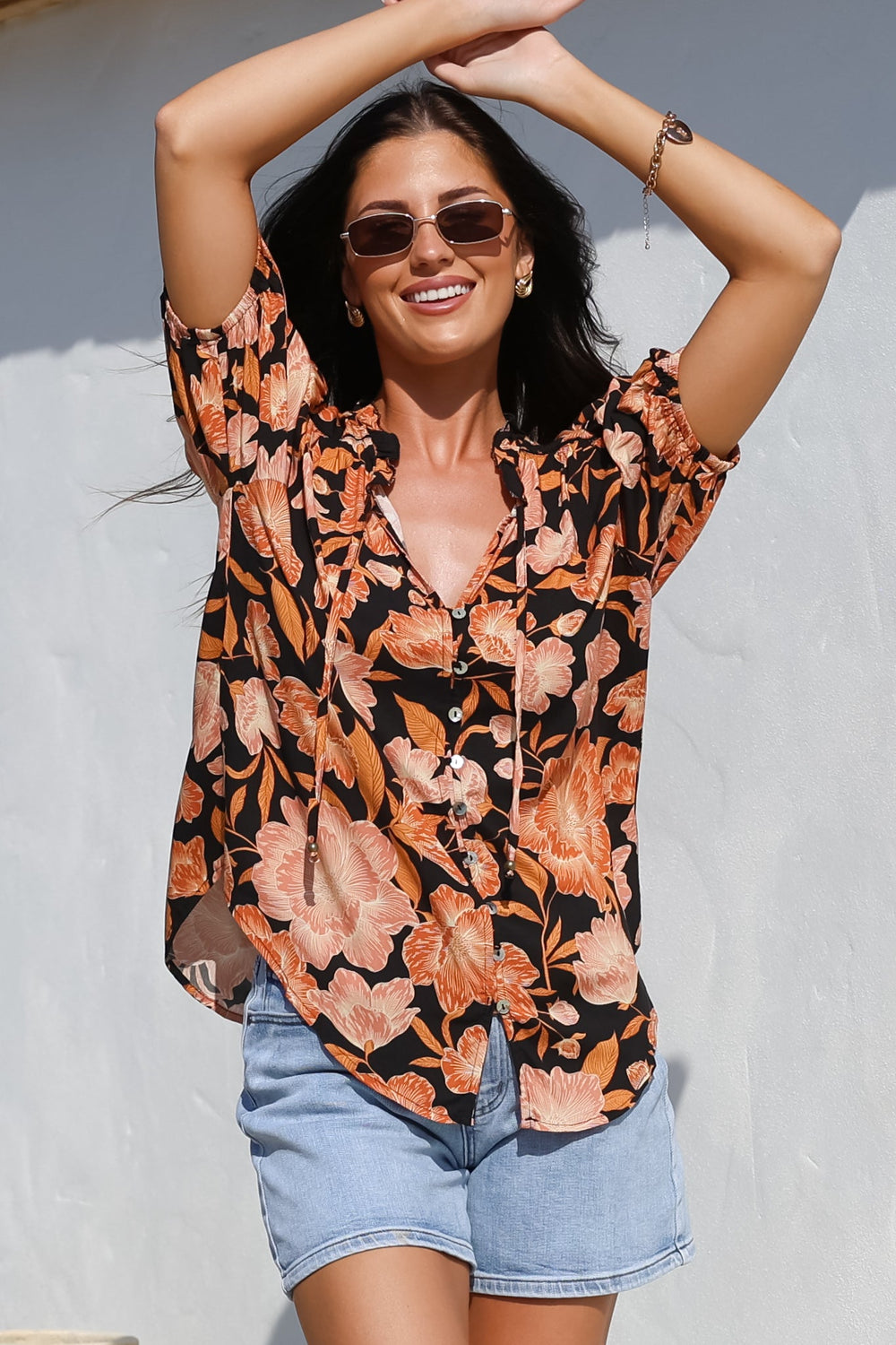 Neo Blouse - High Frill Collar Button Down Shirt in Yasmin Print Black