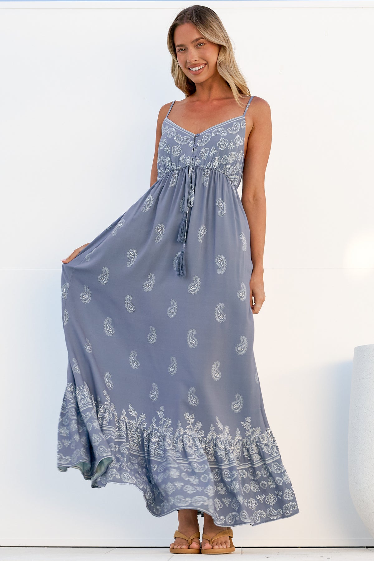 Nerina Maxi Dress - Spaghetti Strap Sun Dress with Pull Tie Waist and Pockets in Roselle Print Blue