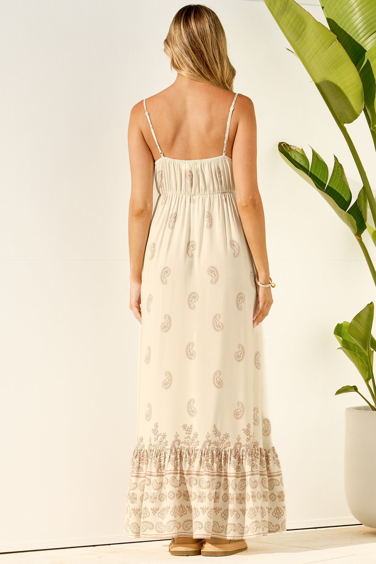 Nerina Maxi Dress - Spaghetti Strap Sun Dress with Pull Tie Waist and Pockets in Roselle Print Cream