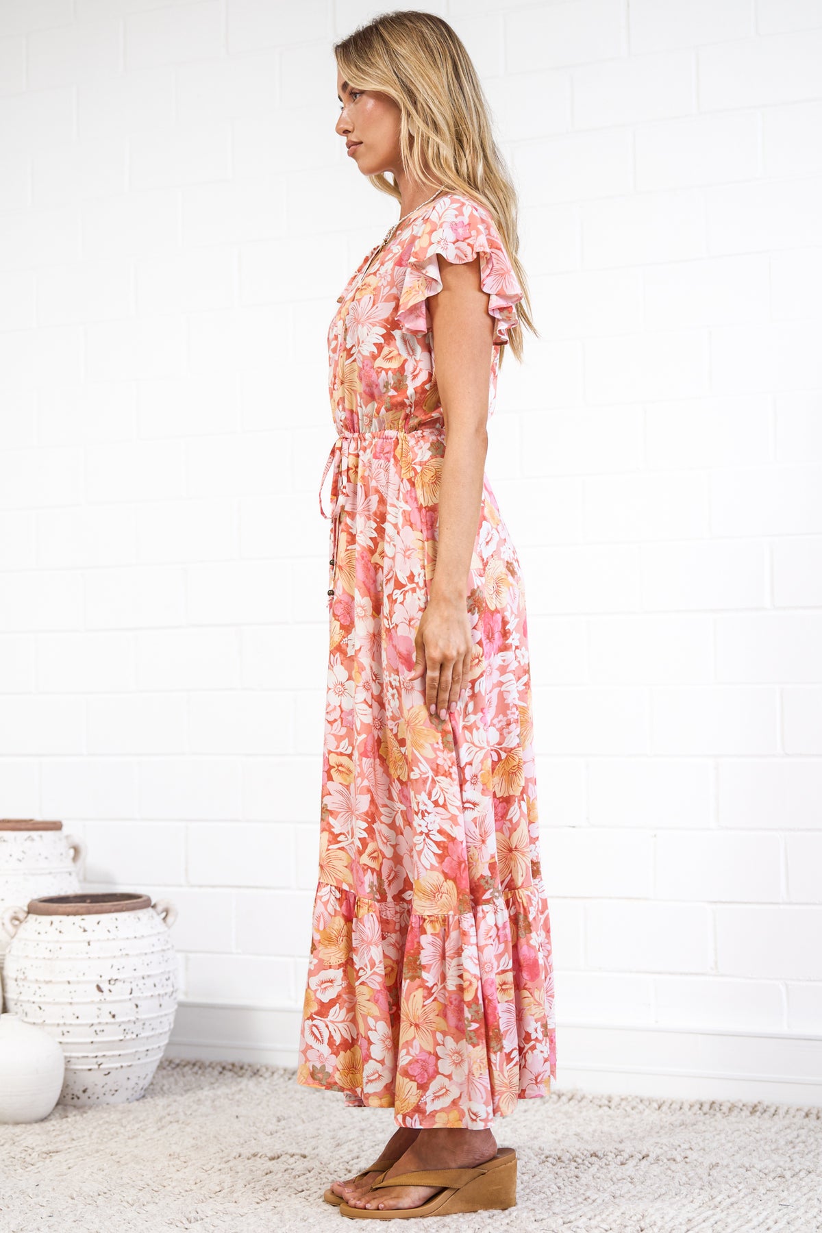 Nerine Maxi Dress - V Neck Button Placket Dress with Drawstring Waist and Flutter Sleeves in Tammi Print