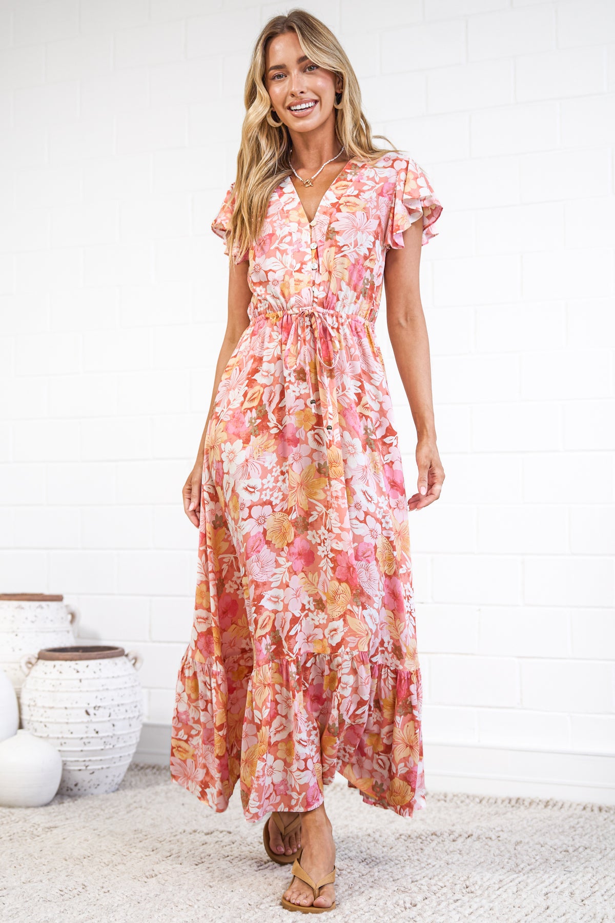 Nerine Maxi Dress - V Neck Button Placket Dress with Drawstring Waist and Flutter Sleeves in Tammi Print