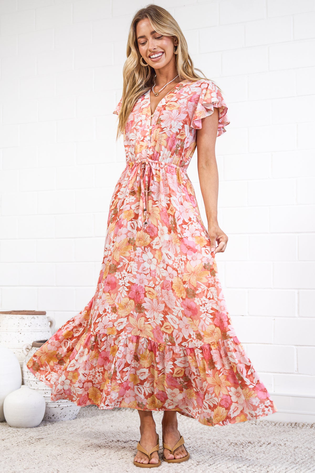 Nerine Maxi Dress - V Neck Button Placket Dress with Drawstring Waist and Flutter Sleeves in Tammi Print