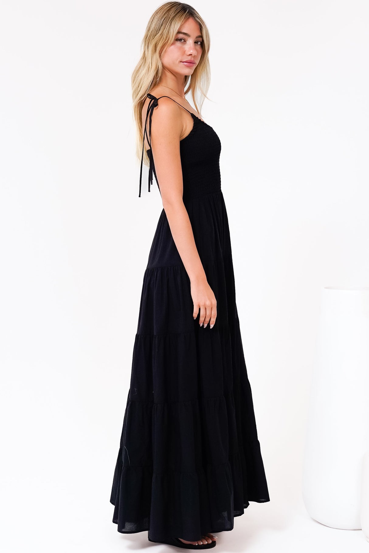 Nessa Maxi Dress - Tie Up Strap Tiered Sun Dress in Black