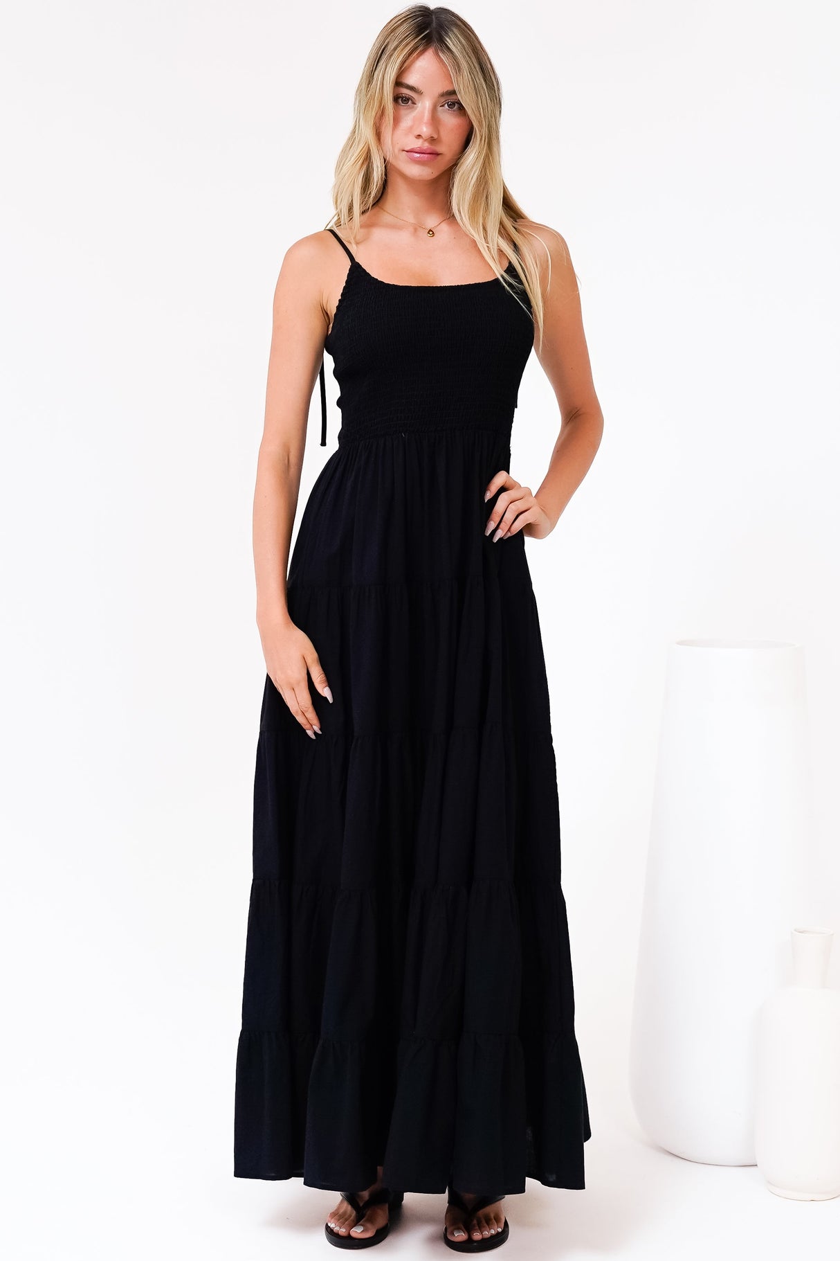 Nessa Maxi Dress - Tie Up Strap Tiered Sun Dress in Black