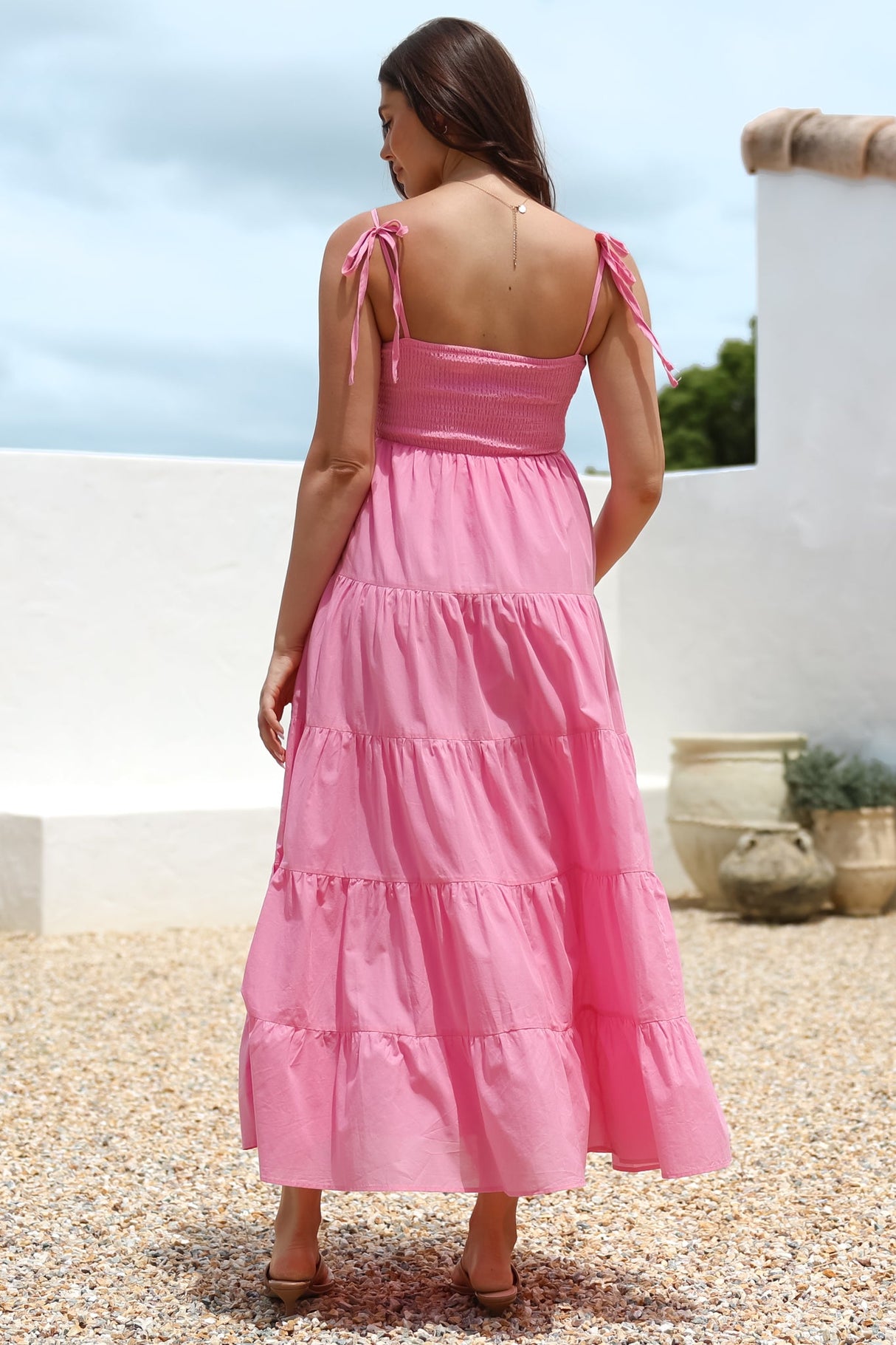 Nessa Maxi Dress - Tie Up Strap Tiered Sun Dress in Pink