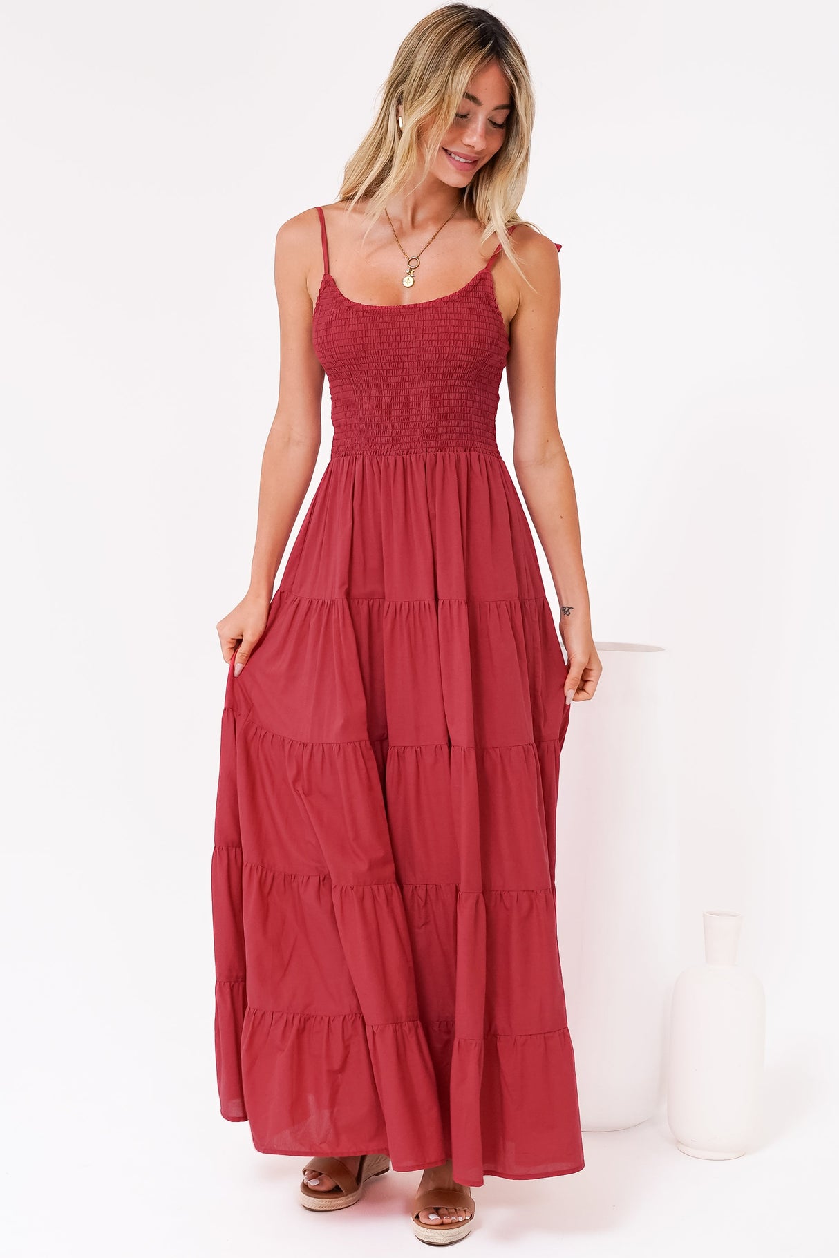 Nessa Maxi Dress - Tie Up Strap Tiered Sun Dress in Red