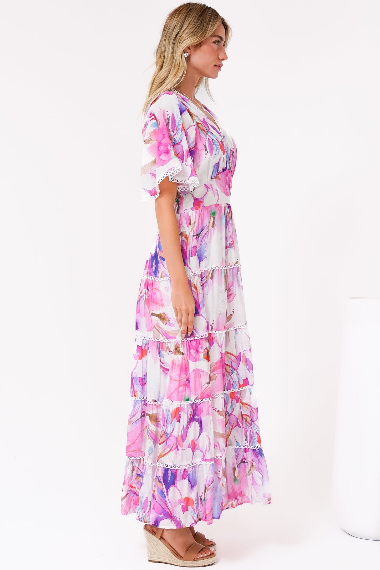Nessie Maxi Dress - Lace Trim Tiered Dress with Flutter Sleeves in Calliope Print Pink
