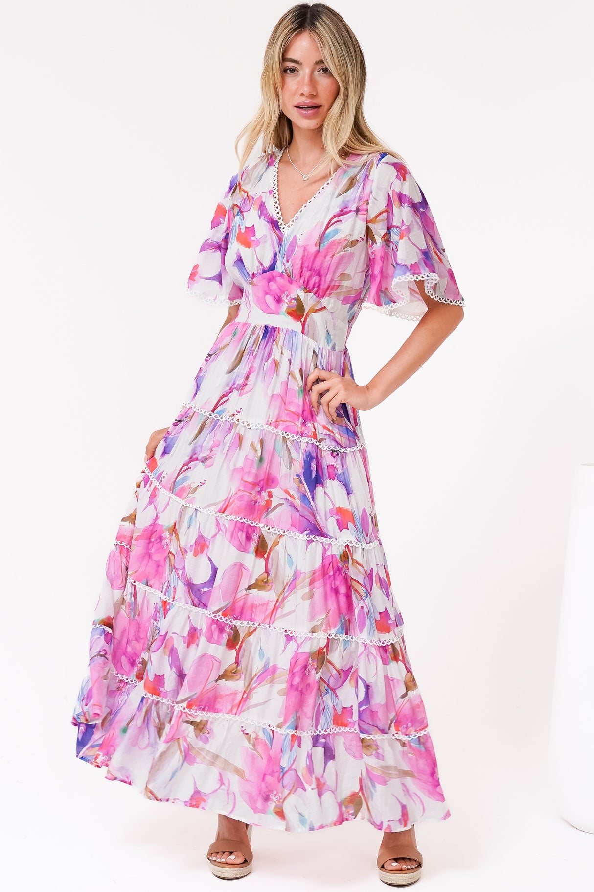 Nessie Maxi Dress - Lace Trim Tiered Dress with Flutter Sleeves in Calliope Print Pink