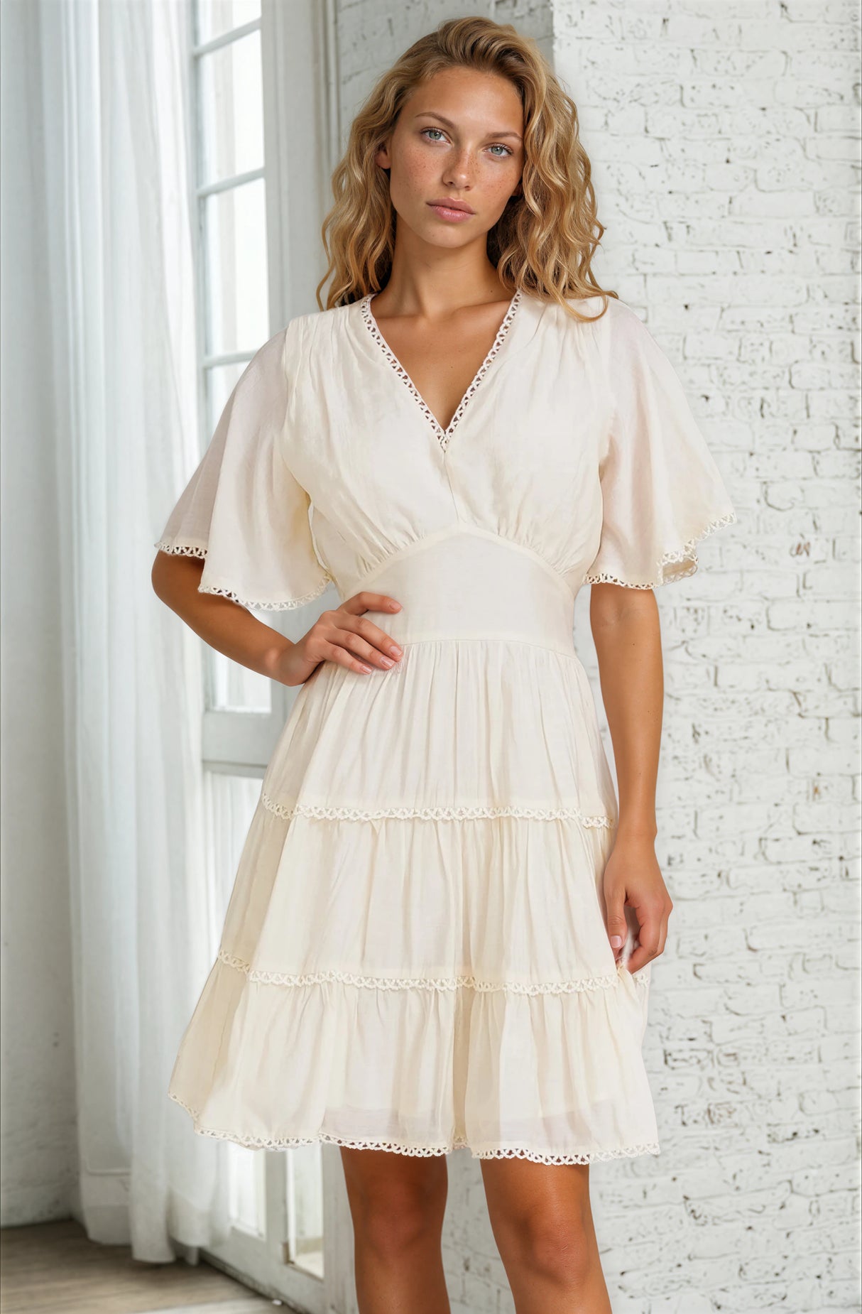 Nessie Mini Dress - Lace Trim Tiered Dress with Flutter Sleeves in Cream