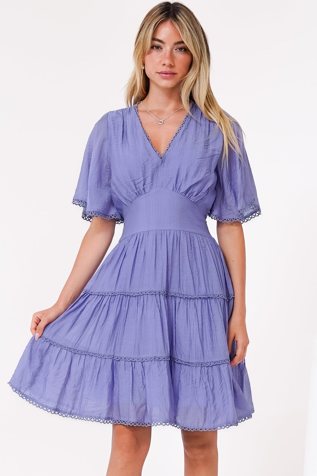 Nessie Mini Dress - Lace Trim Tiered Dress with Flutter Sleeves in Lilac