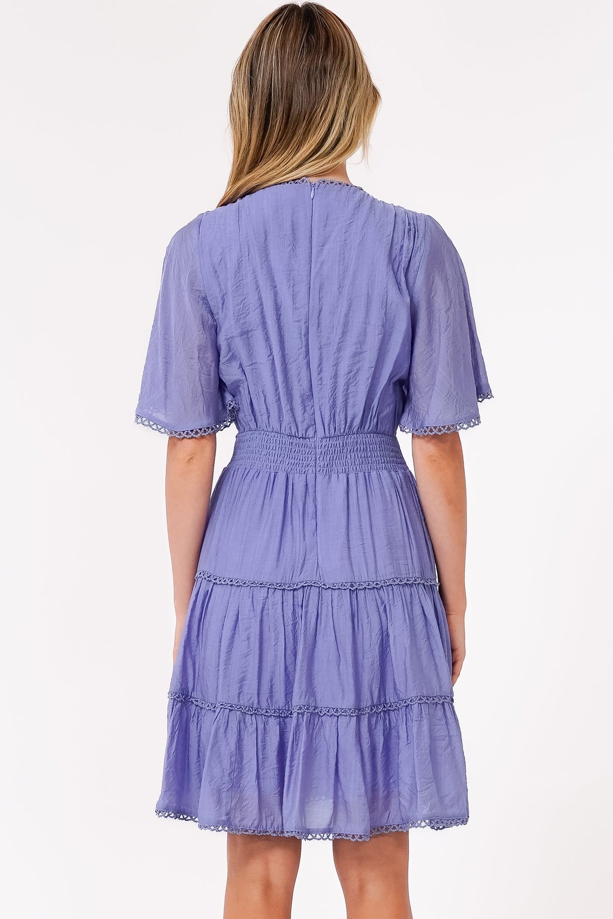 Nessie Mini Dress - Lace Trim Tiered Dress with Flutter Sleeves in Lilac