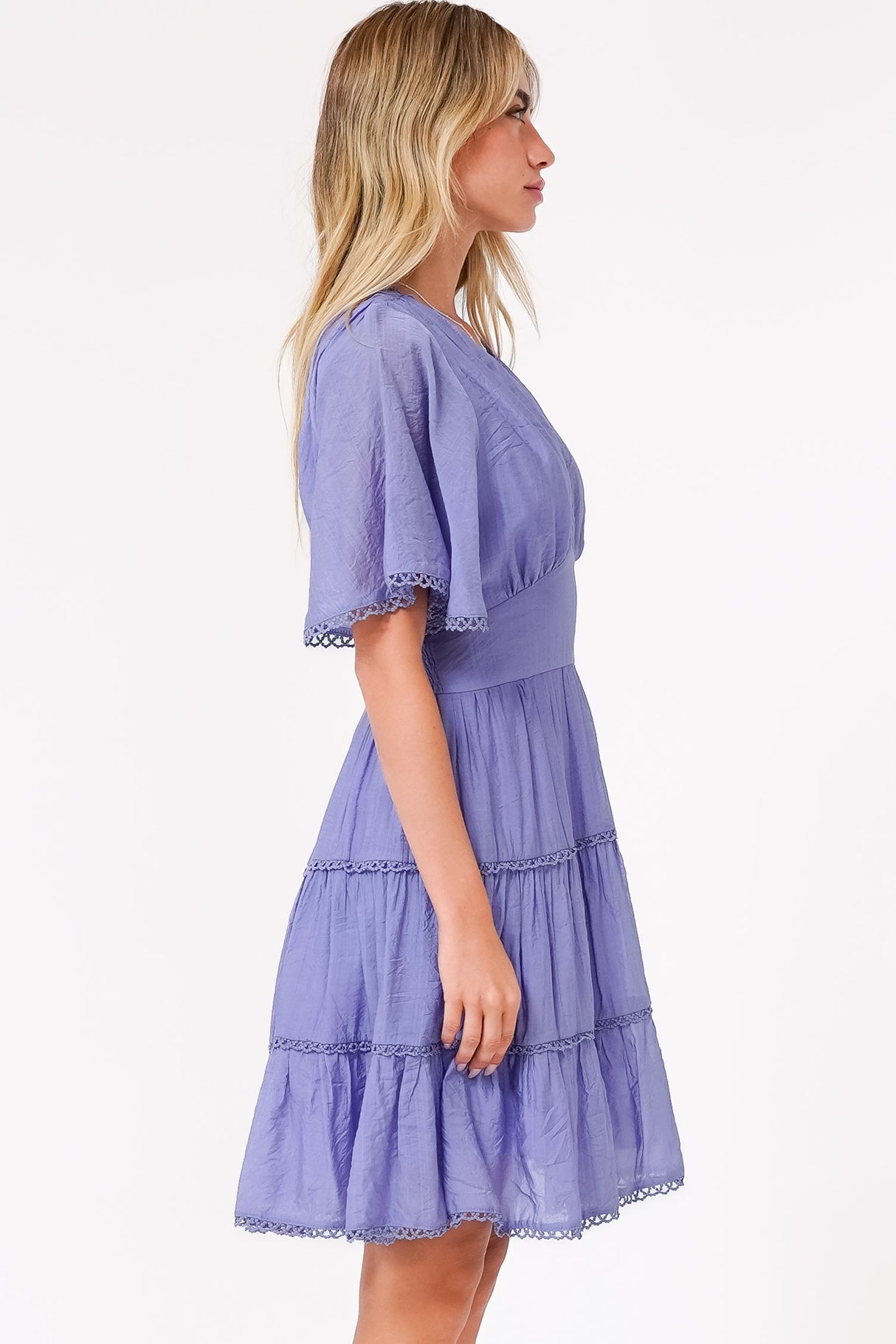 Nessie Mini Dress - Lace Trim Tiered Dress with Flutter Sleeves in Lilac