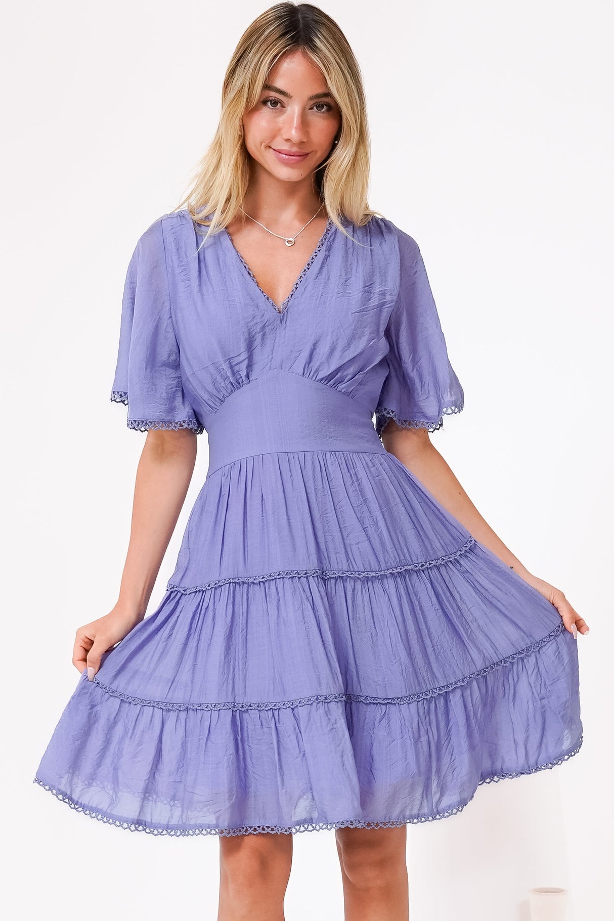 Nessie Mini Dress - Lace Trim Tiered Dress with Flutter Sleeves in Lilac