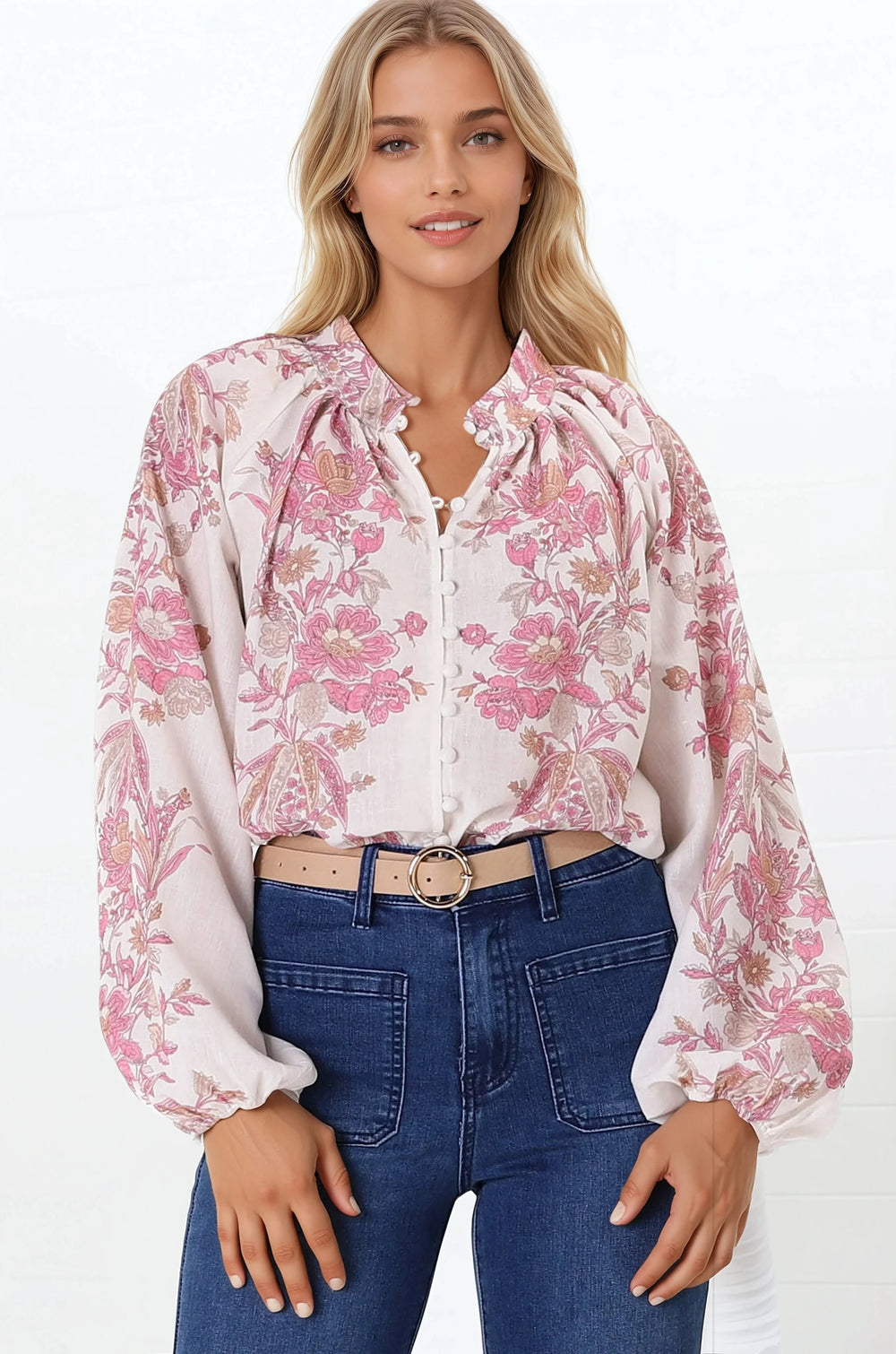 Nicola Blouse - Mandarin Collar Button Down Linen Blouse in Sorrel Print