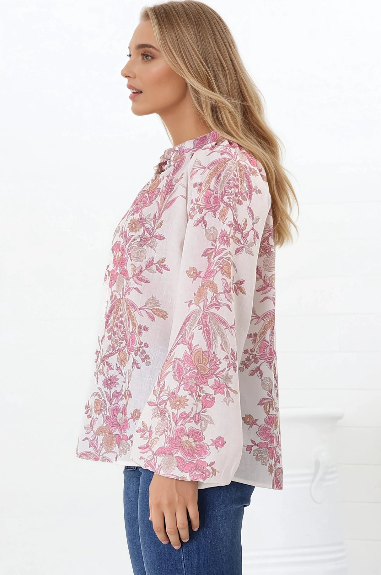 Nicola Blouse - Mandarin Collar Button Down Linen Blouse in Sorrel Print