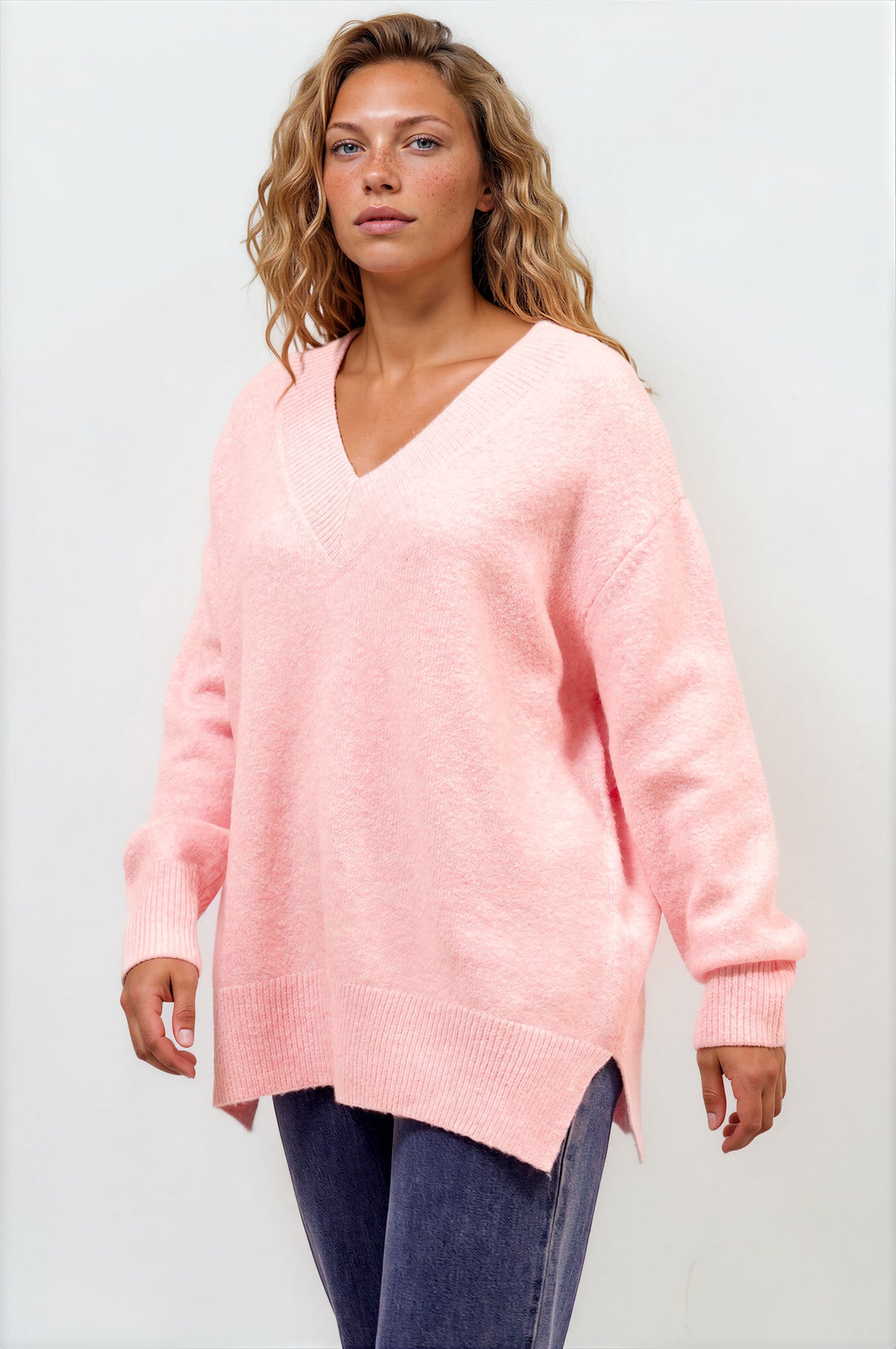 Model wearing Nikita Jumper in Pink from Salty Crush