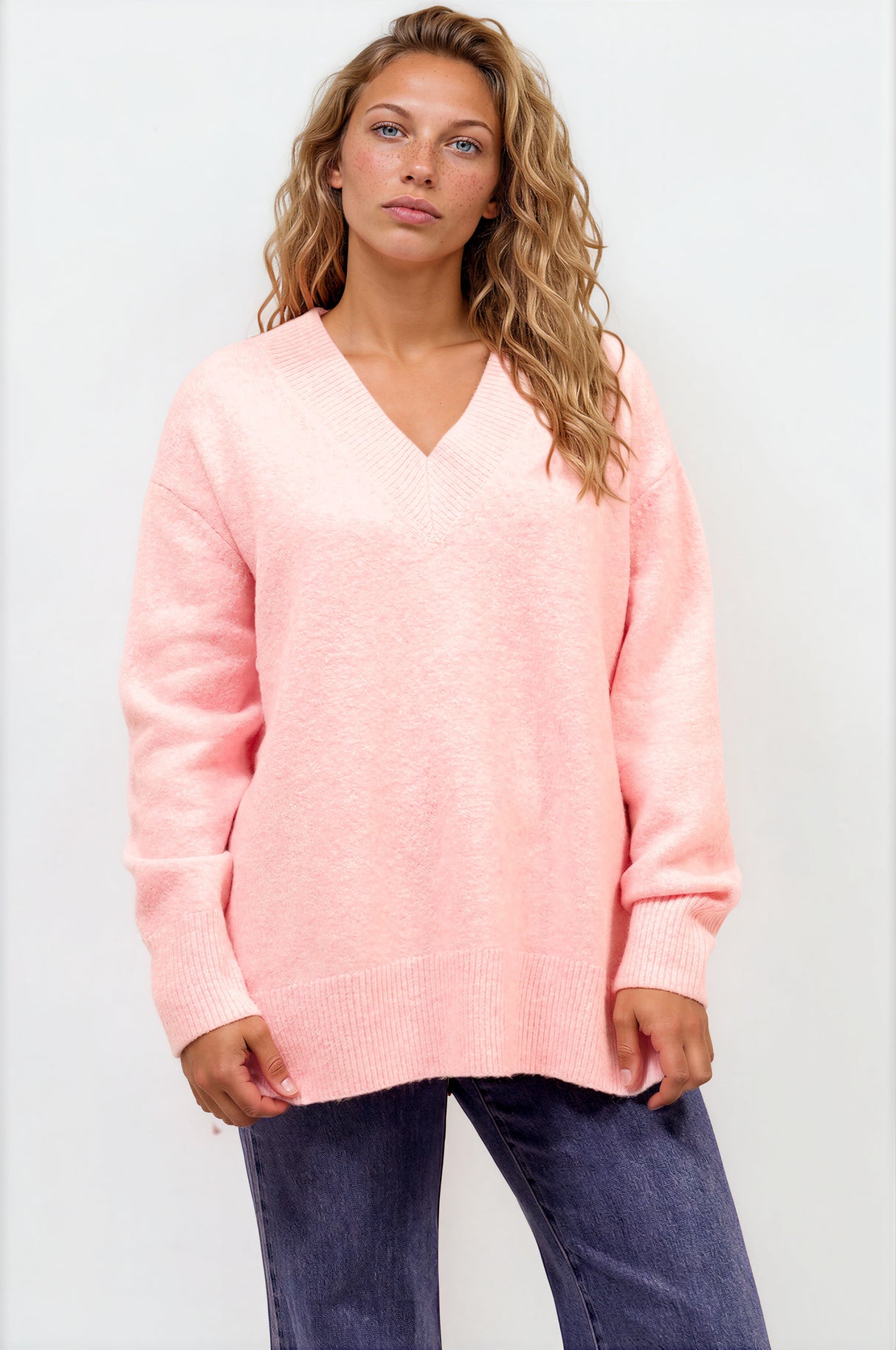 Model wearing Nikita Jumper in Pink from Salty Crush