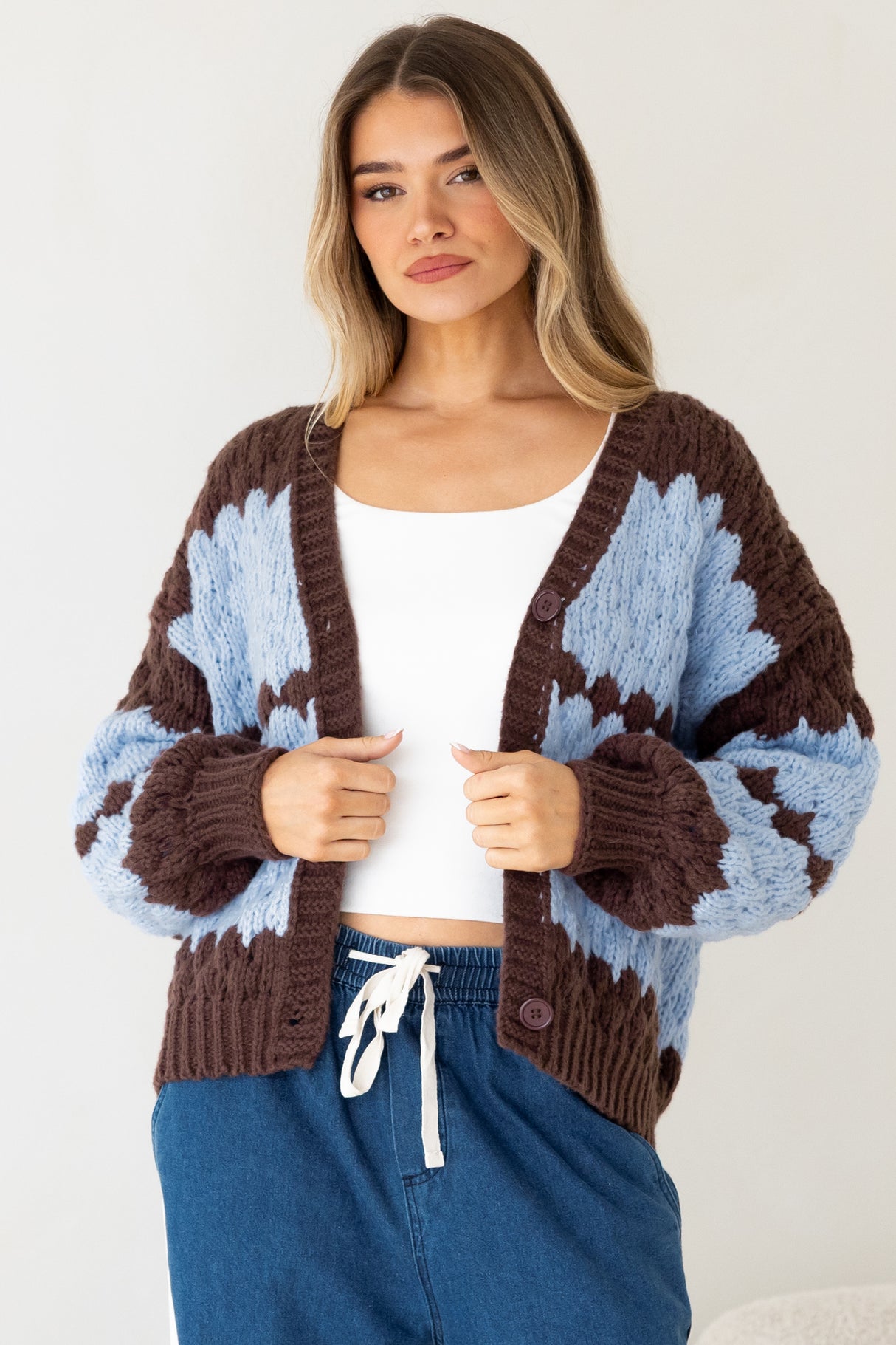 Nolar Cardigan - V Neck Button Front Contrast Trim Bubble Knit in Blue/Chocolate