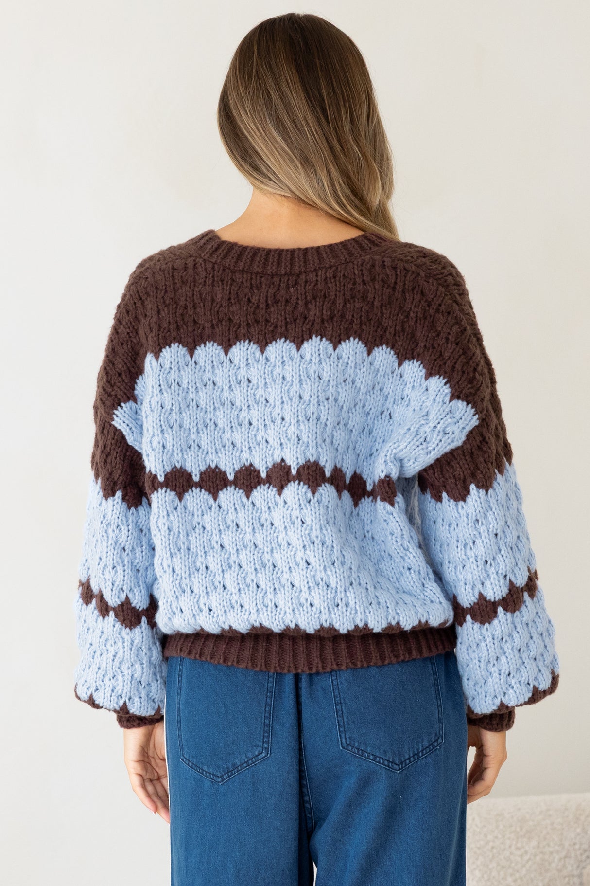 Nolar Cardigan - V Neck Button Front Contrast Trim Bubble Knit in Blue/Chocolate