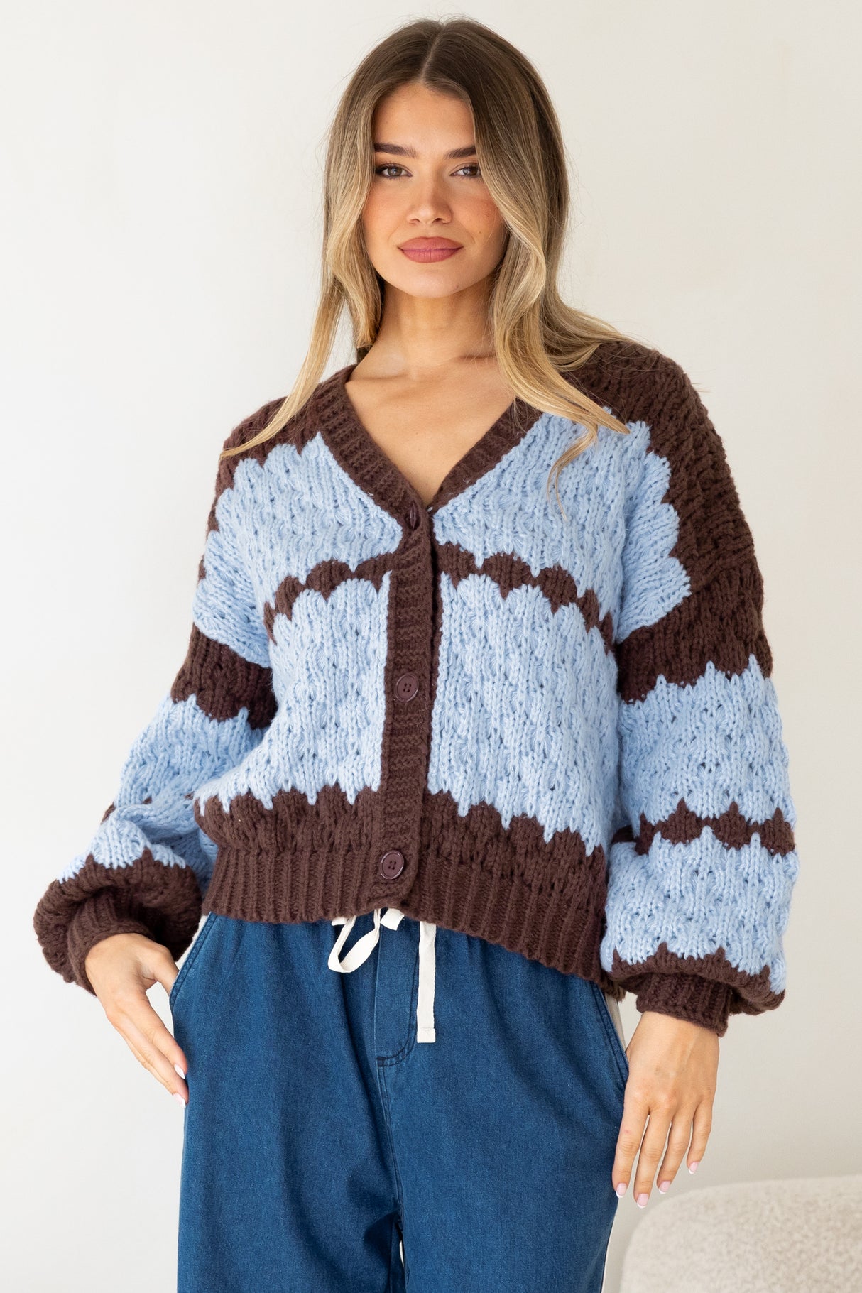 Nolar Cardigan - V Neck Button Front Contrast Trim Bubble Knit in Blue/Chocolate