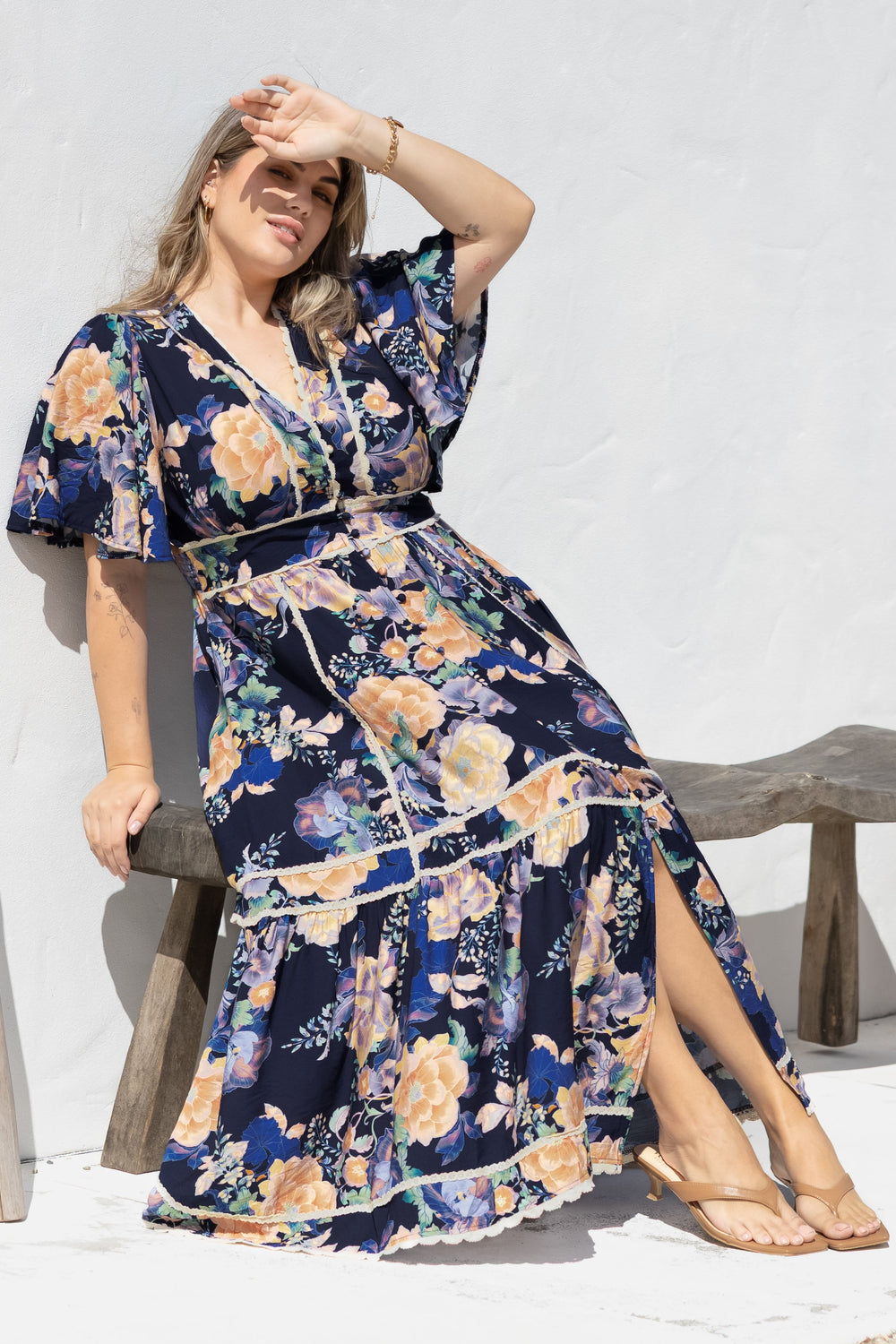 Nolette Maxi Dress - Lace Trim Button Down Dress with Flutter Sleeves in Ana Print Navy