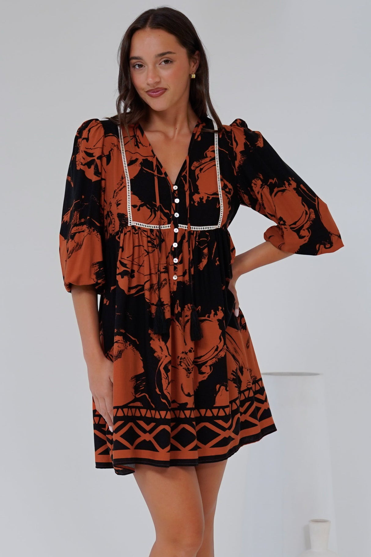 Nora Mini Dress - Long Sleeve Baby Doll Dress in Joslyn Print