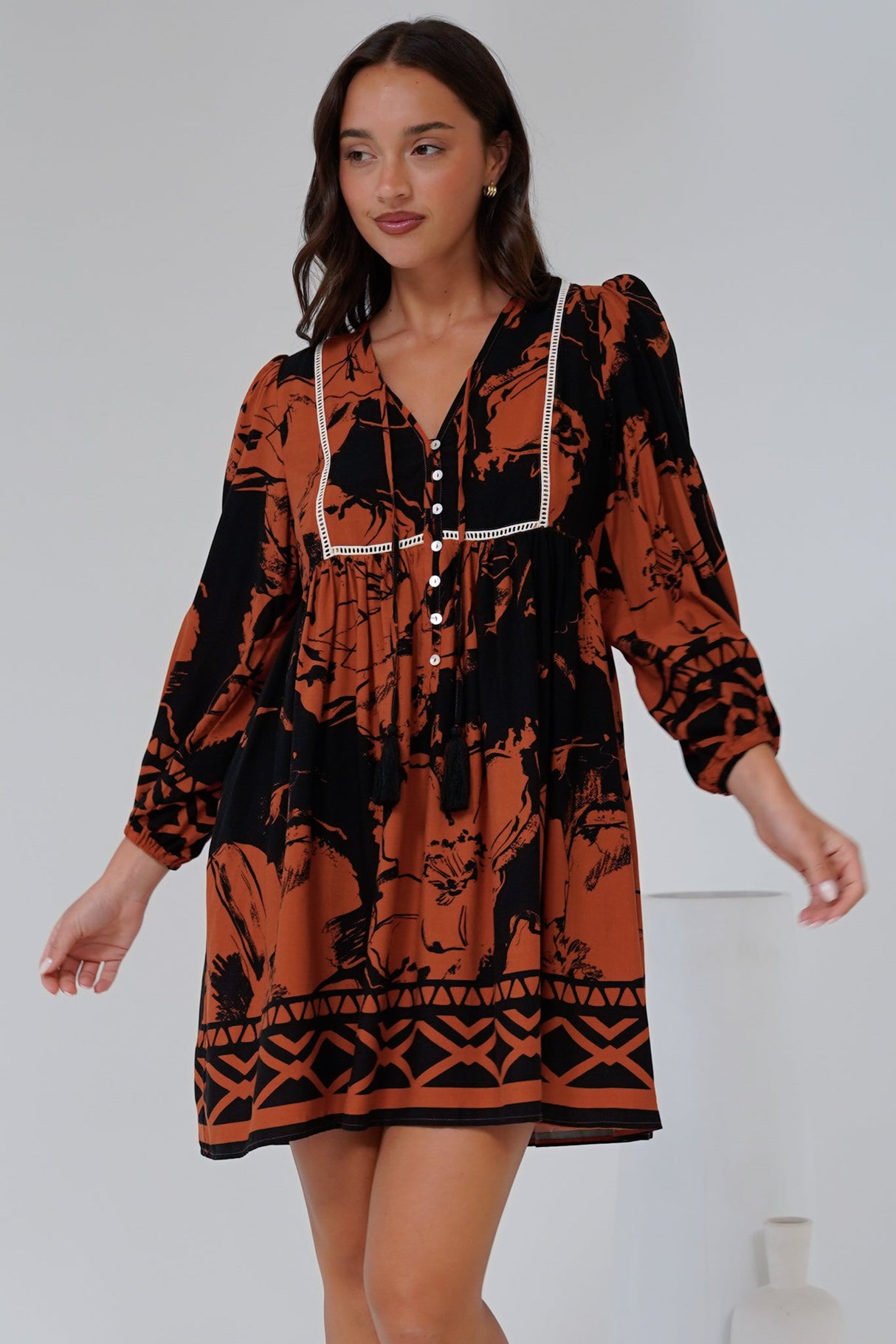 Nora Mini Dress - Long Sleeve Baby Doll Dress in Joslyn Print