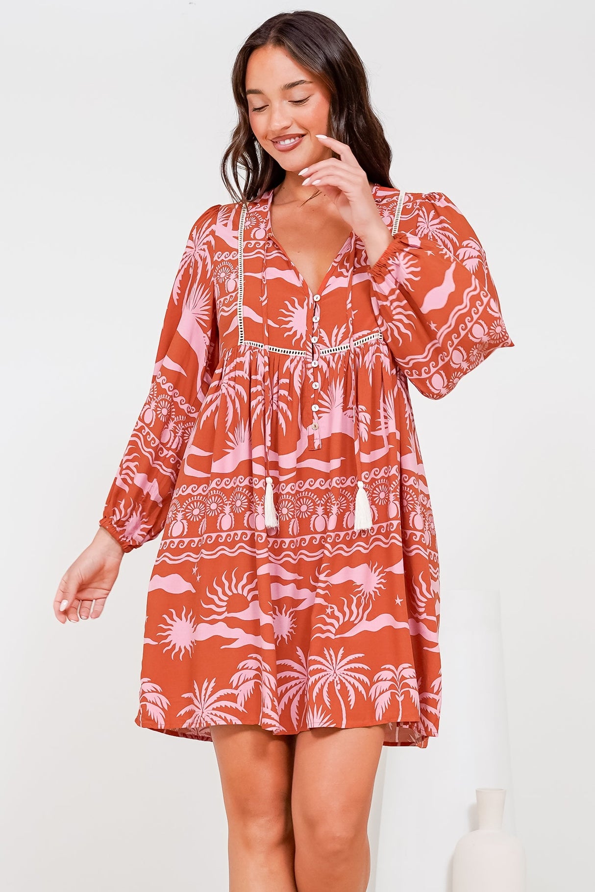 Nora Mini Dress - Long Sleeve Baby Doll Dress in Sandee Print