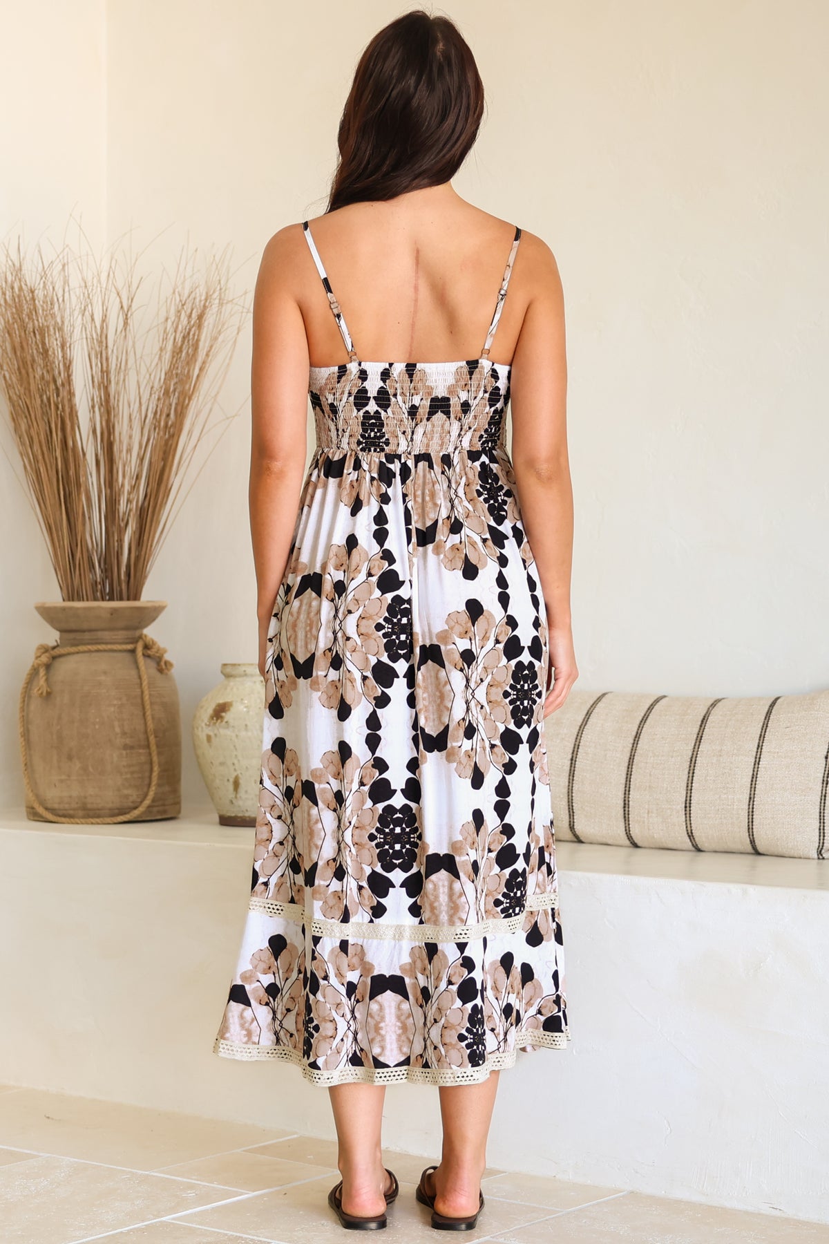 Novalie Midi Dress - Spaghetti Strap Sun Dress with Lace Splicing and Pockets in Calea Print Beige
