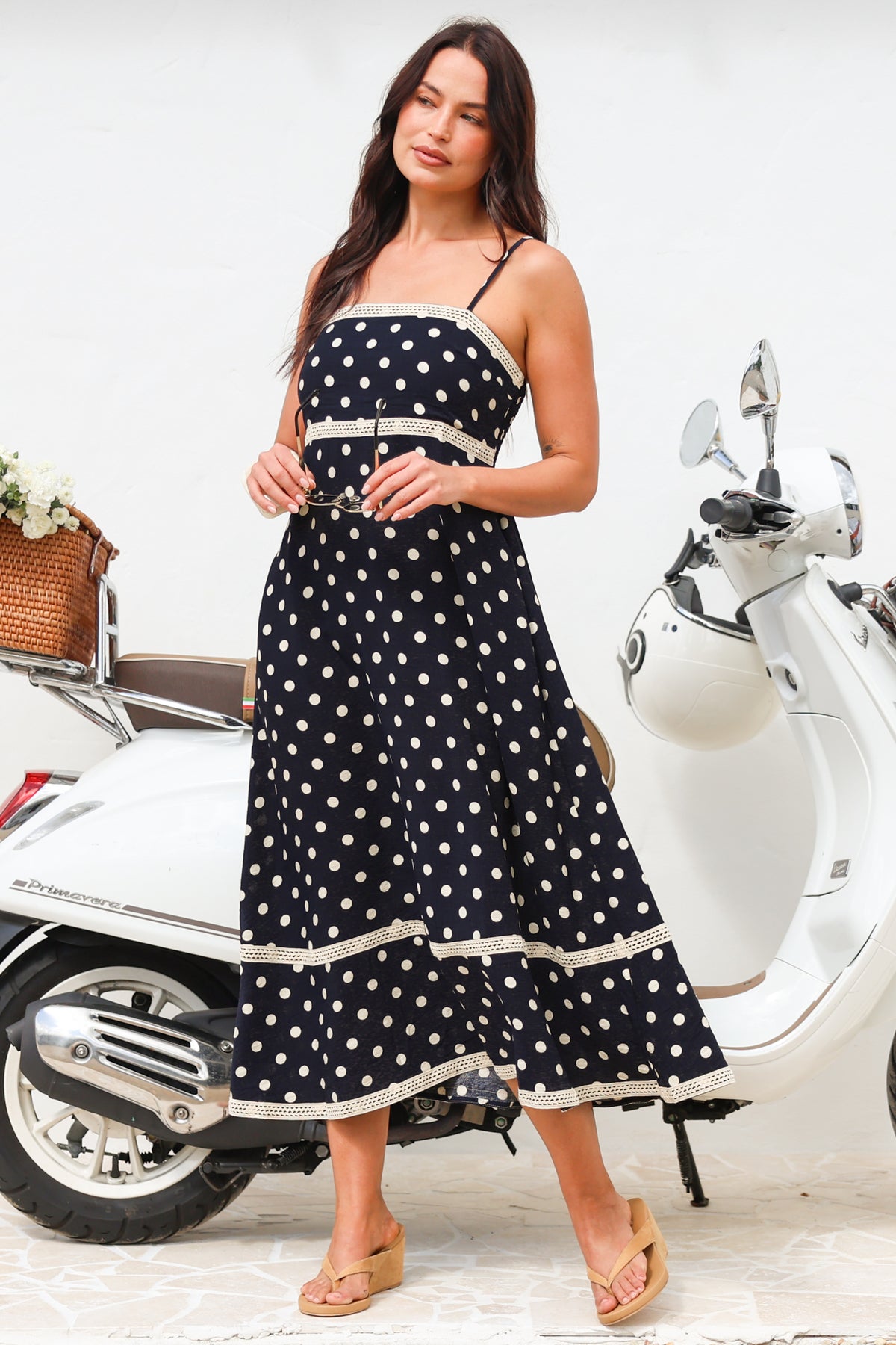 Novalie Midi Dress - Spaghetti Strap Sun Dress with Lace Splicing and Pockets in Polka Navy