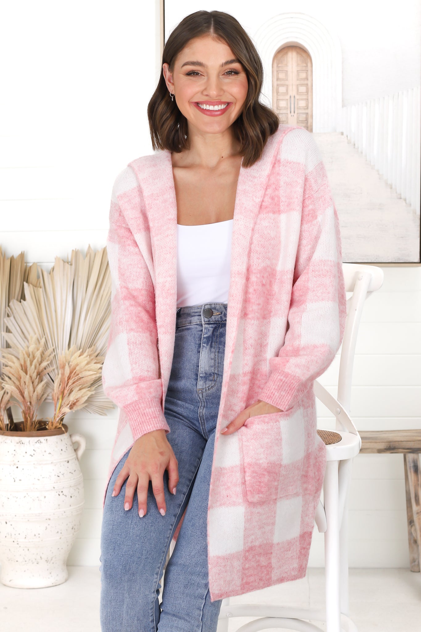 Nowel Cardigan - Hooded Checkered Cardigan with Pockets in Pink