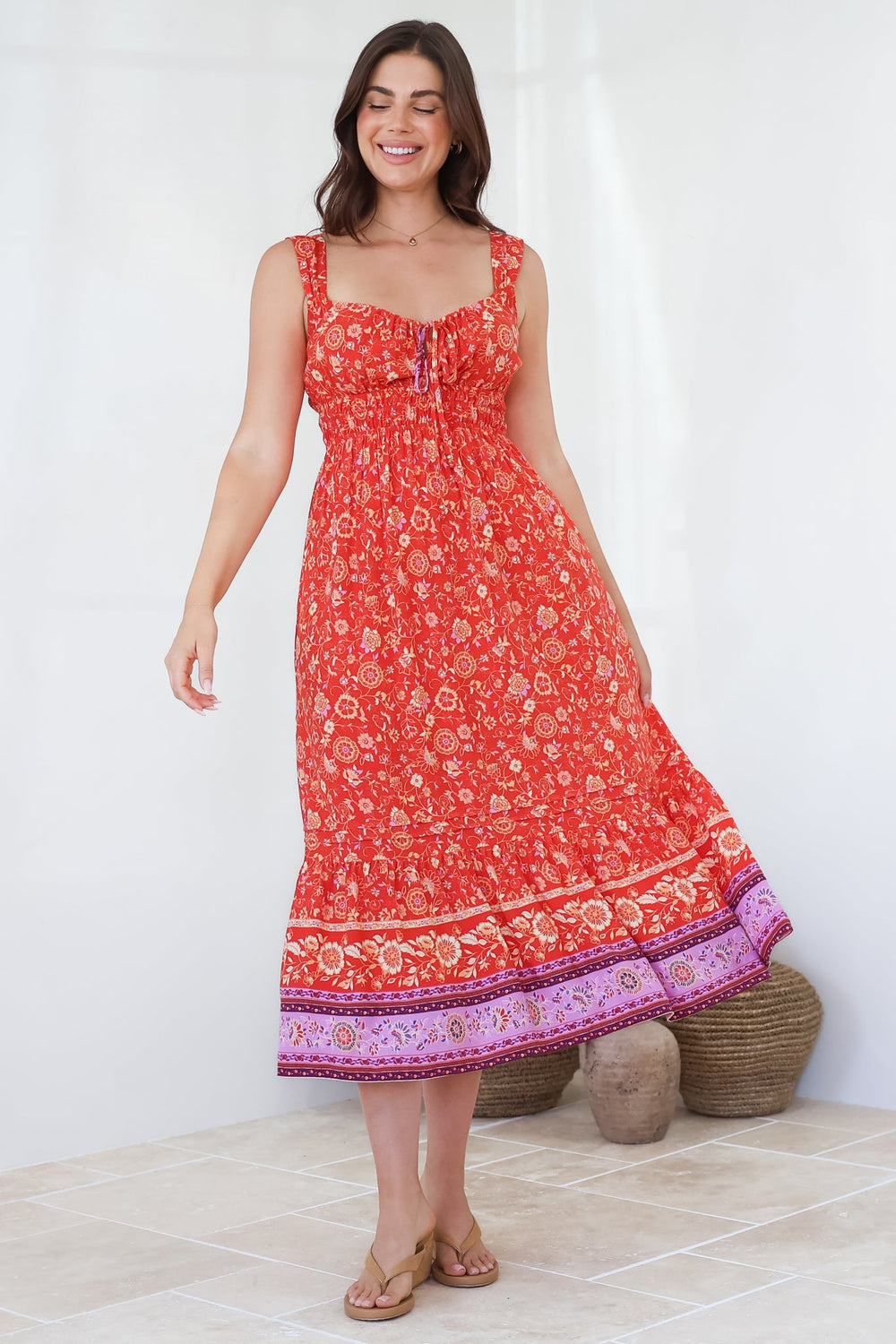 Nyra Midi Dress - Thick Strap Tie at Neckline A-Line Sun Dress in Maevi Print
