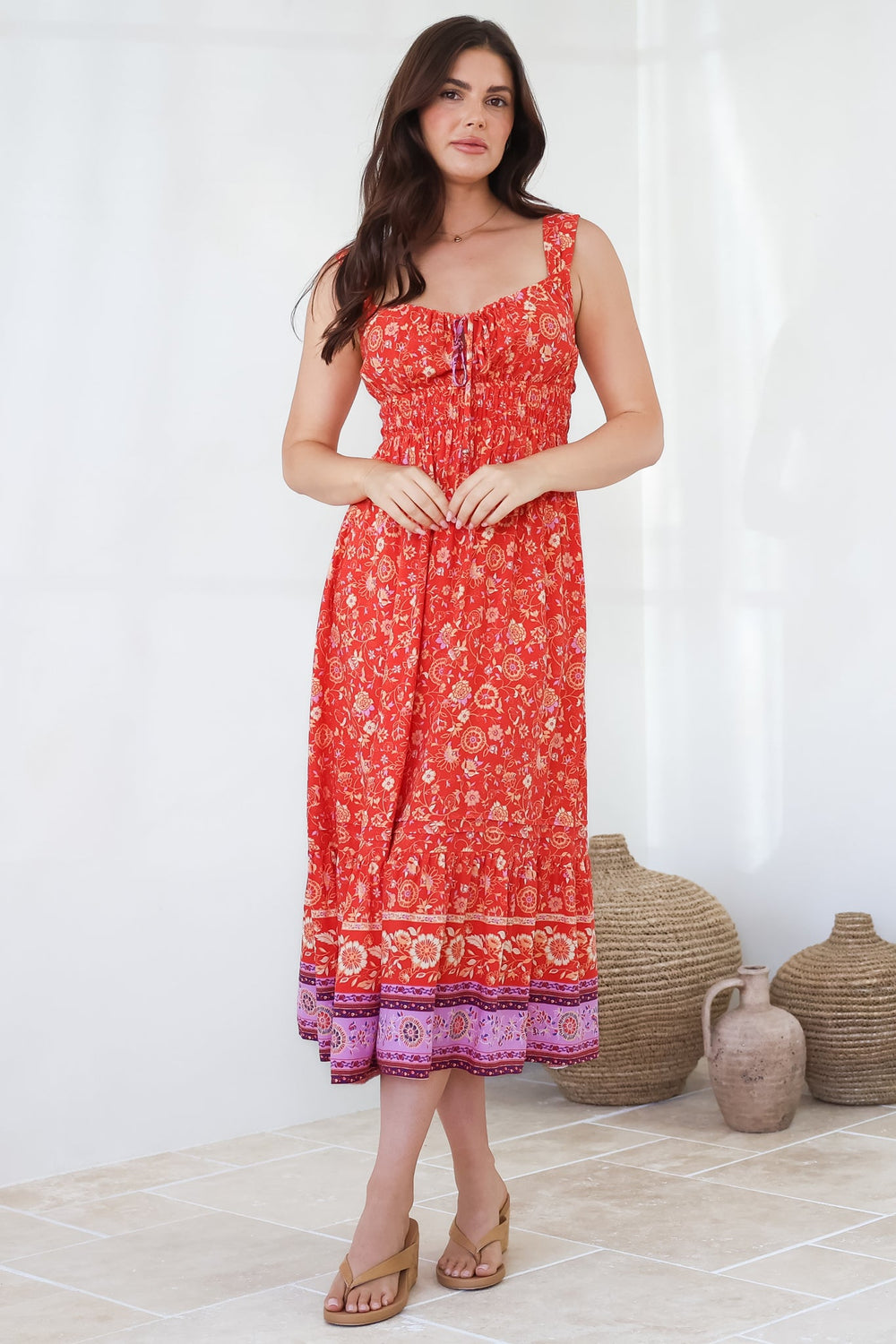 Nyra Midi Dress - Thick Strap Tie at Neckline A-Line Sun Dress in Maevi Print