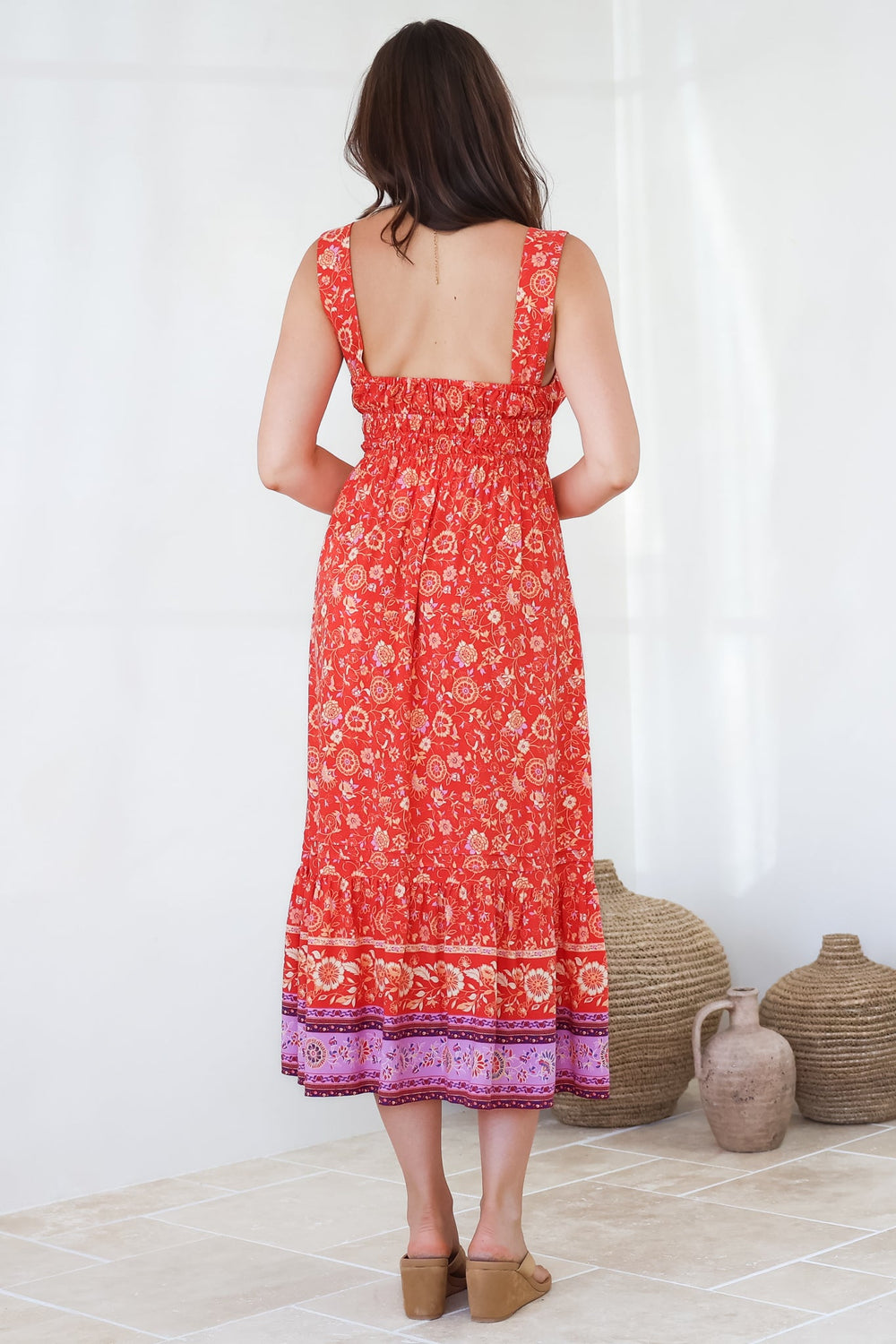 Nyra Midi Dress - Thick Strap Tie at Neckline A-Line Sun Dress in Maevi Print