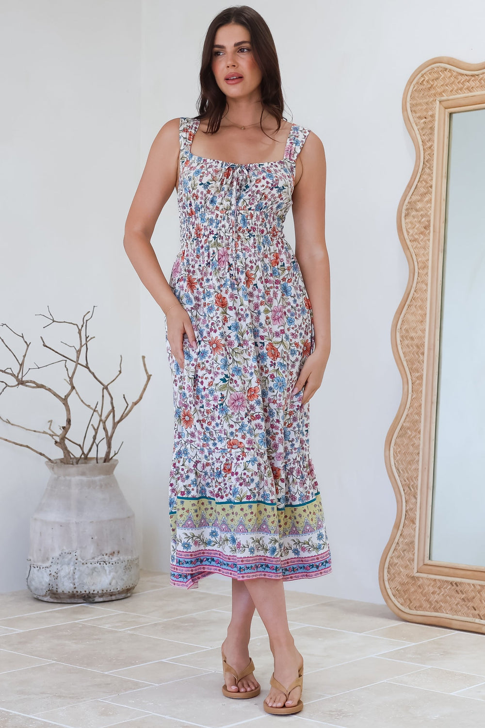 Nyra Midi Dress - Thick Strap Tie at Neckline A-Line Sun Dress in Scottie Print