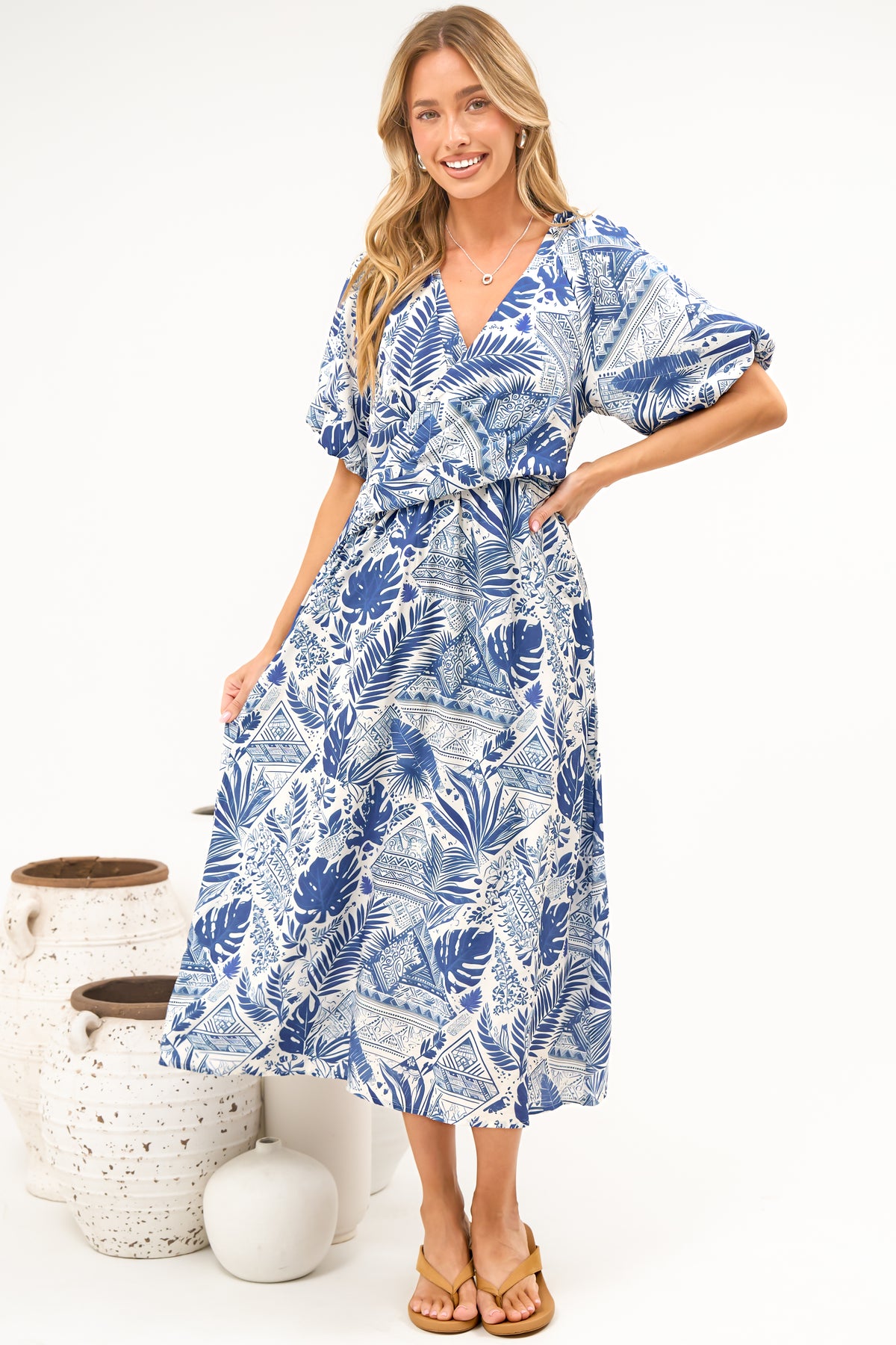 Obsidia Midi Dress - Asymmetric Cross Over Bodice A Line Dress with Short Puff Sleeves in Seychelle Print