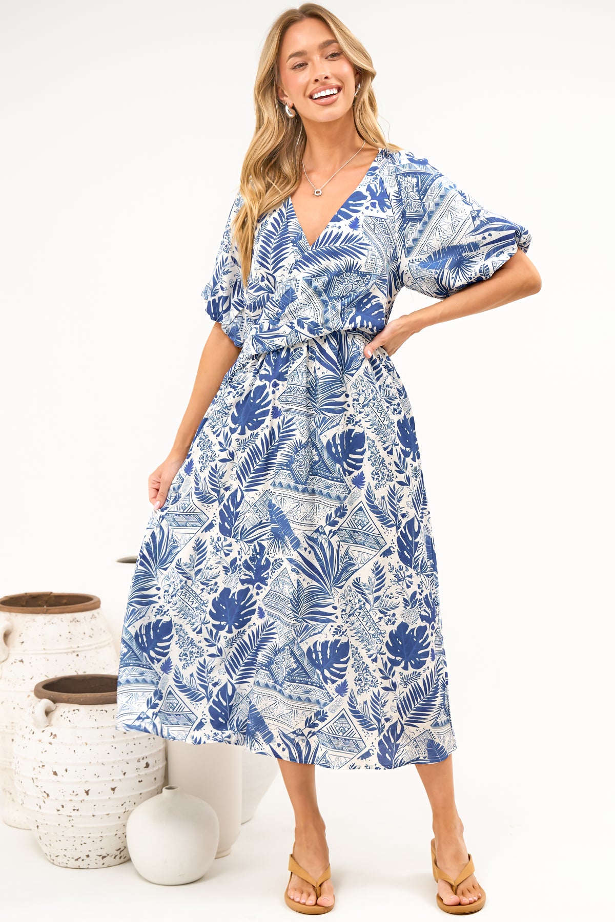 Obsidia Midi Dress - Asymmetric Cross Over Bodice A Line Dress with Short Puff Sleeves in Seychelle Print