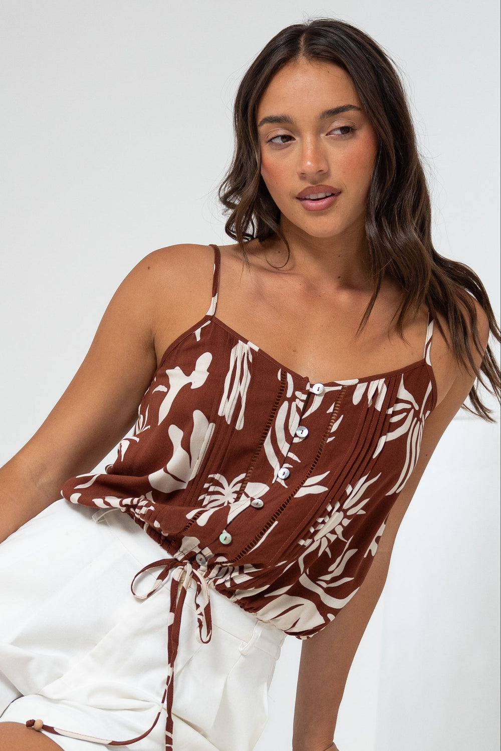 Jade Crop Top - V-Neck Button Down Pull Tie Waist Crop in Stassie Print Brown