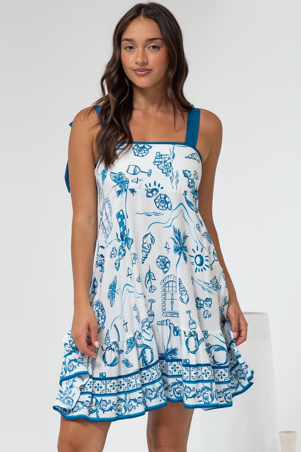 Himari Mini Dress - Tie Up Strap Tiered Sun Dress with Contrast Neckline Trim in Kiri Print