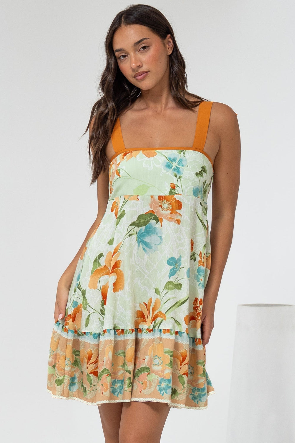 Himari Mini Dress - Tie Up Strap Tiered Sun Dress with Contrast Neckline Trim in Noriko Print