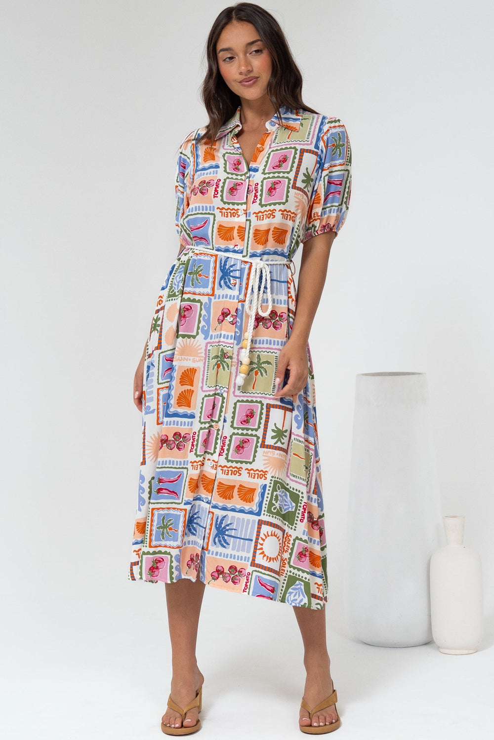 Bennie Midi Dress - Collared Short Sleeve Shirt Dress with Rope Belt in Elly Print