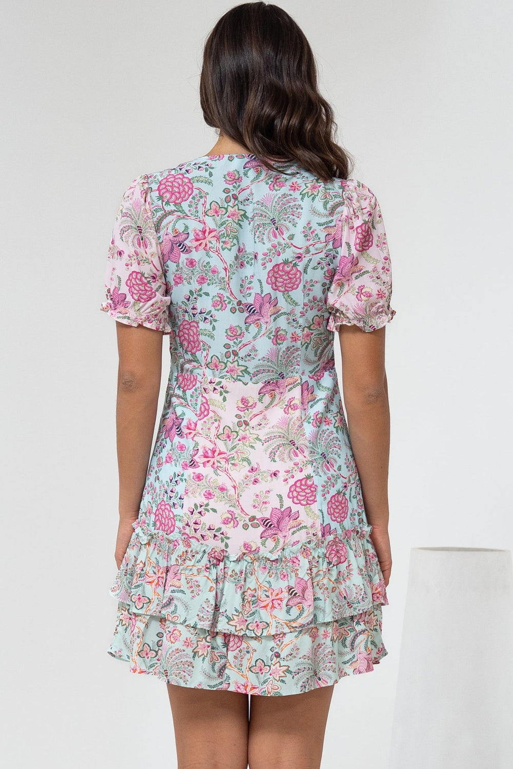 Jeannie Mini Dress - A Line Dress with Puff Sleeves in Spriggie Print Green