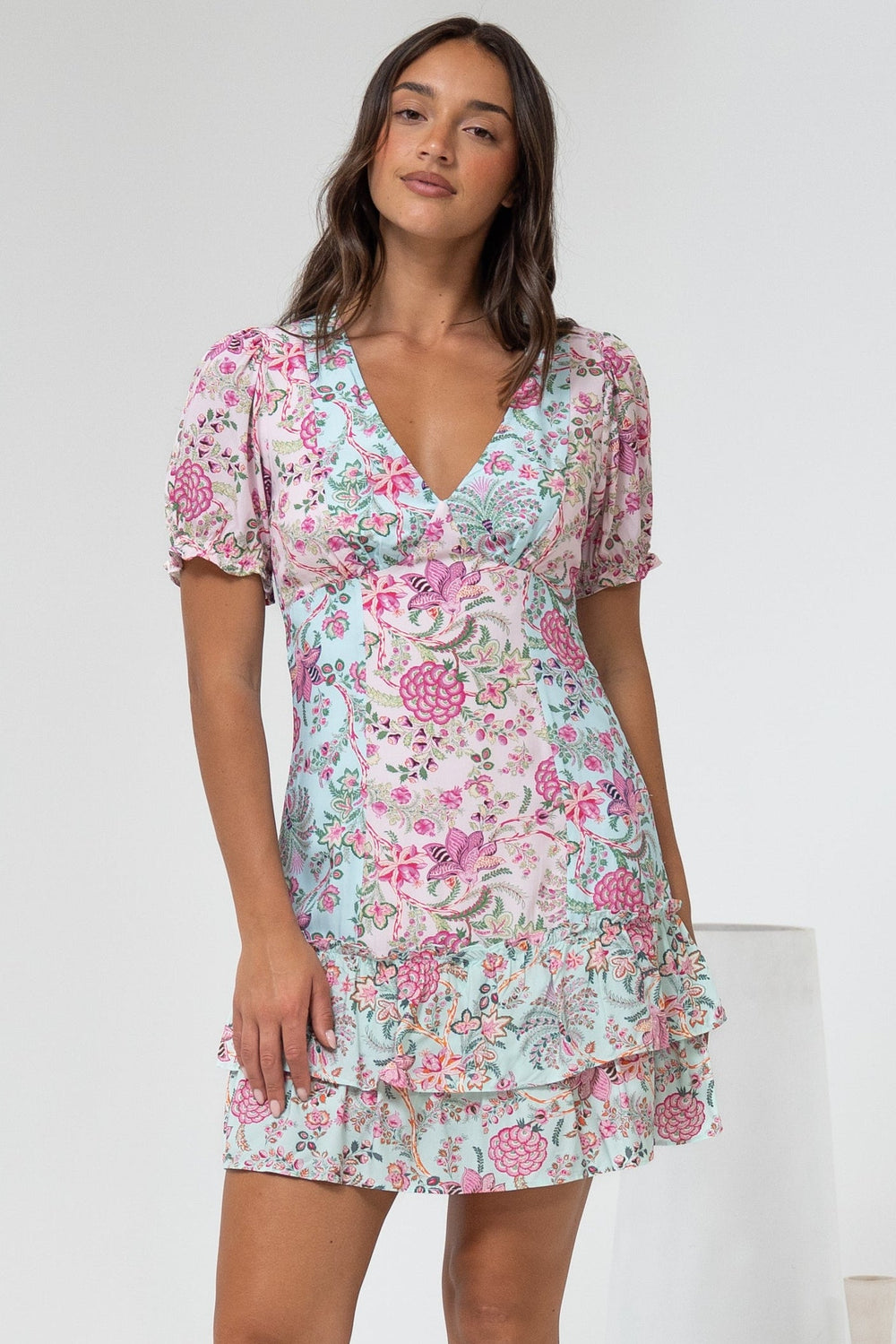Jeannie Mini Dress - A Line Dress with Puff Sleeves in Spriggie Print Green