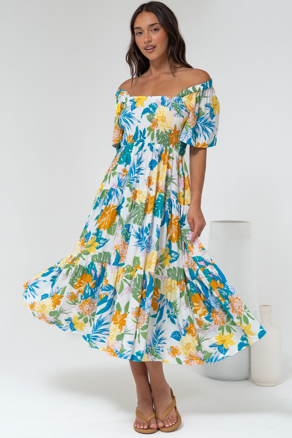 Lalita Midi Dress - Elasticated Bodice A-Line Dress with Flutter Sleeves in Mizuki Print