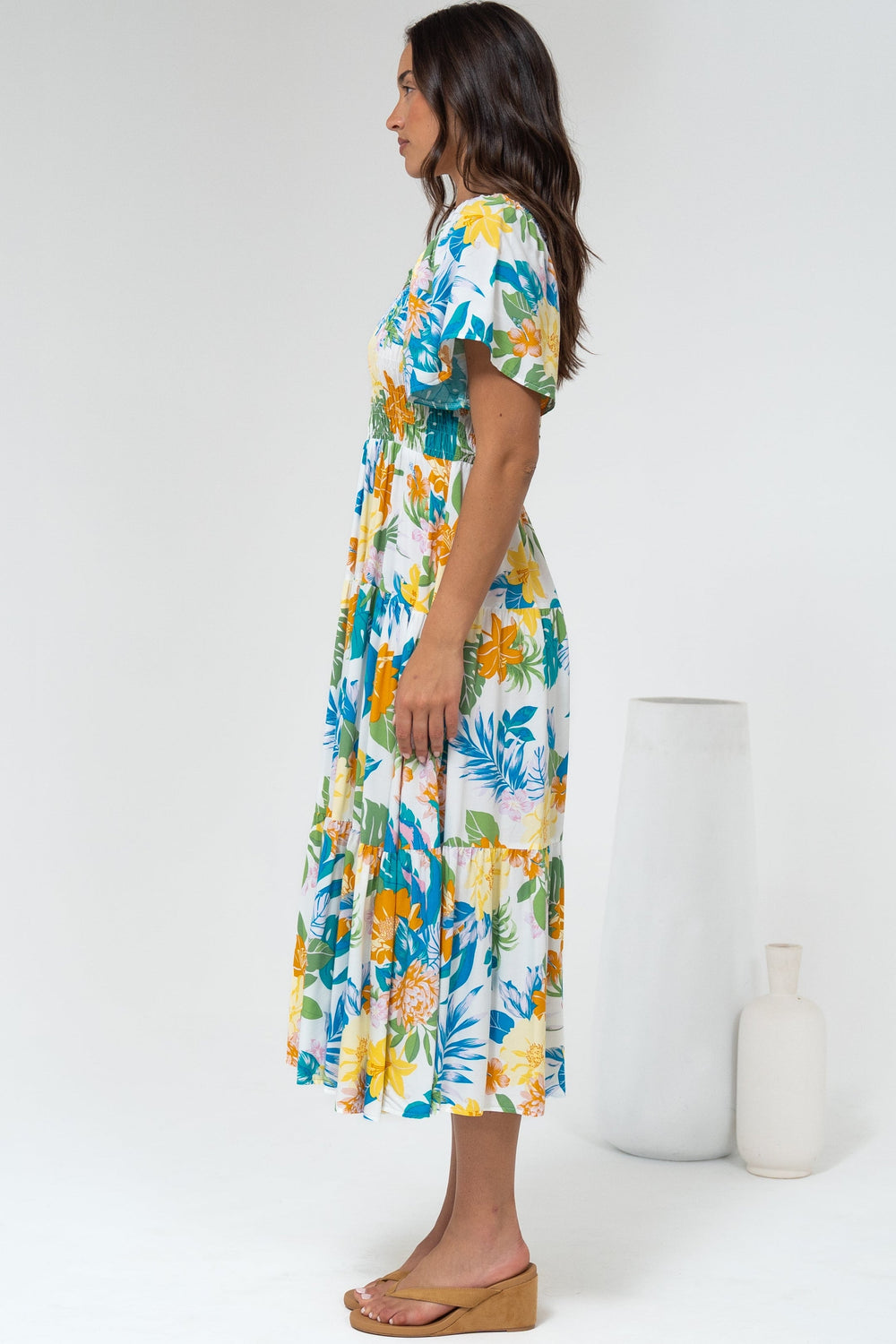 Lalita Midi Dress - Elasticated Bodice A-Line Dress with Flutter Sleeves in Mizuki Print