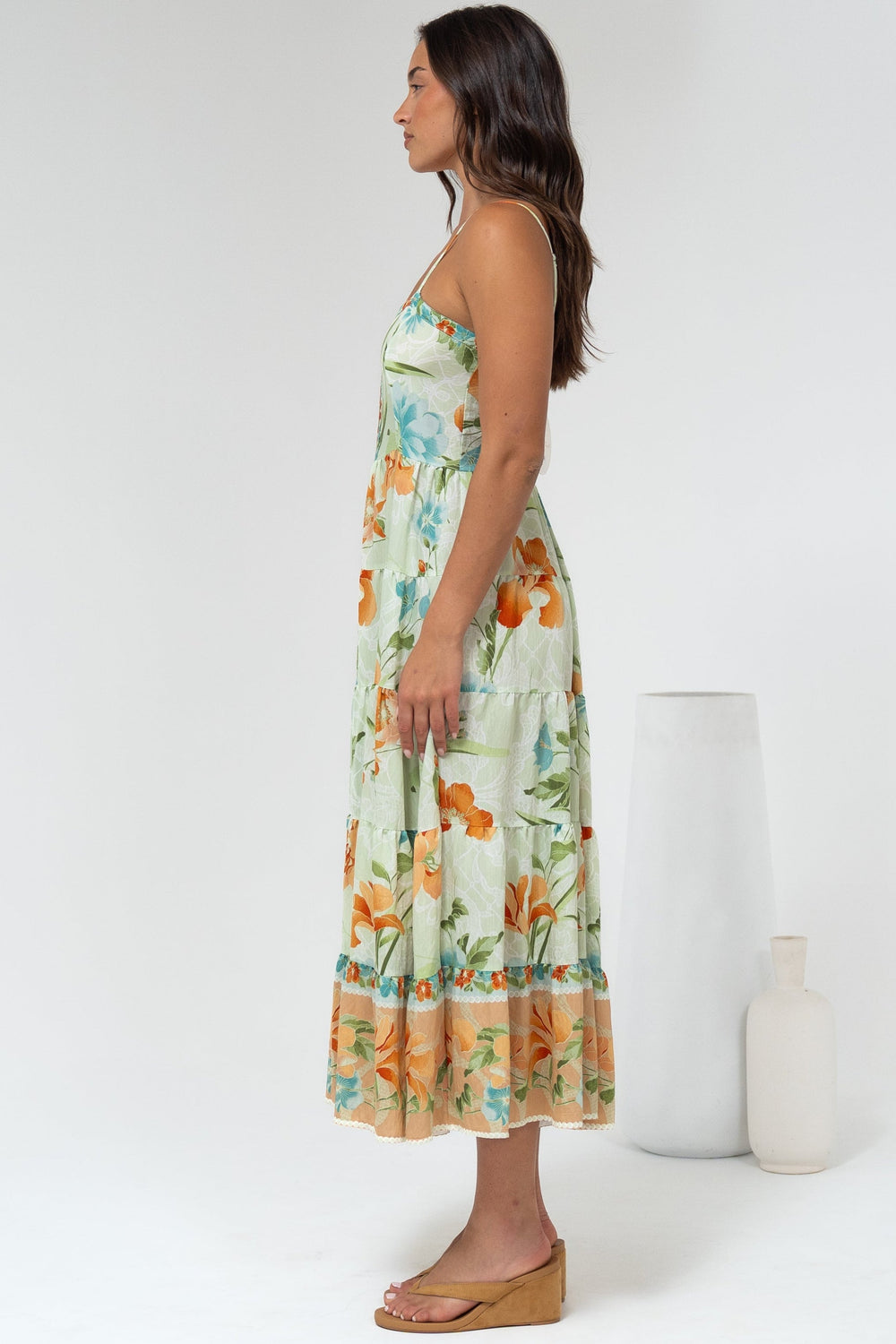 Raya Midi Dress - Adjustable Strap Tiered Sun Dress in Noriko Print
