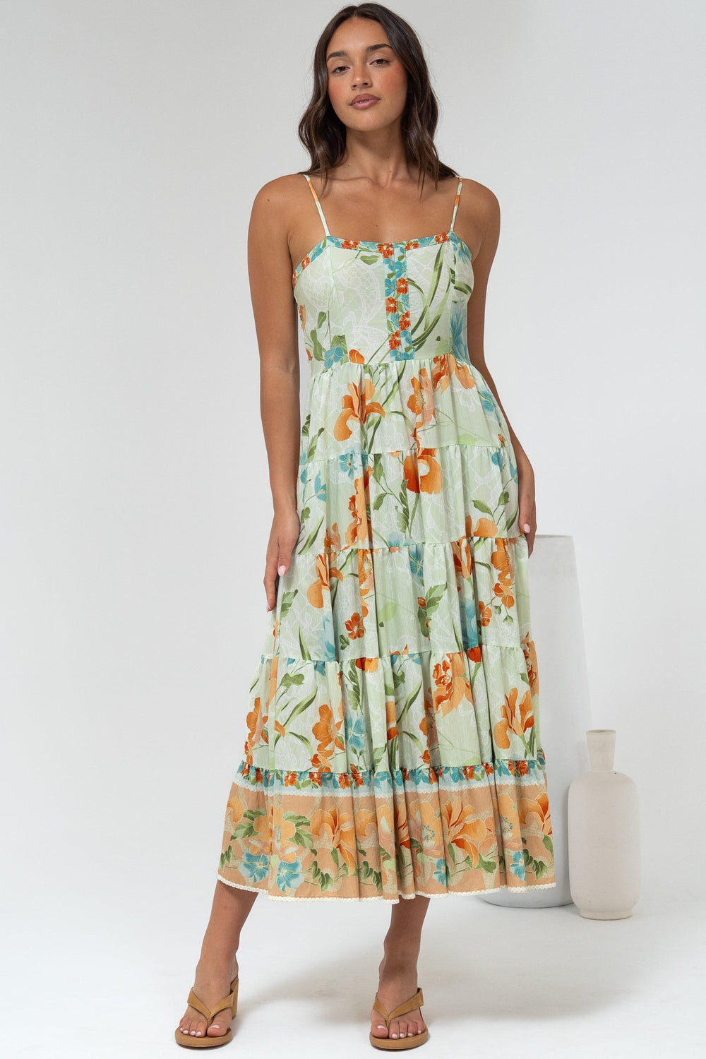 Raya Midi Dress - Adjustable Strap Tiered Sun Dress in Noriko Print