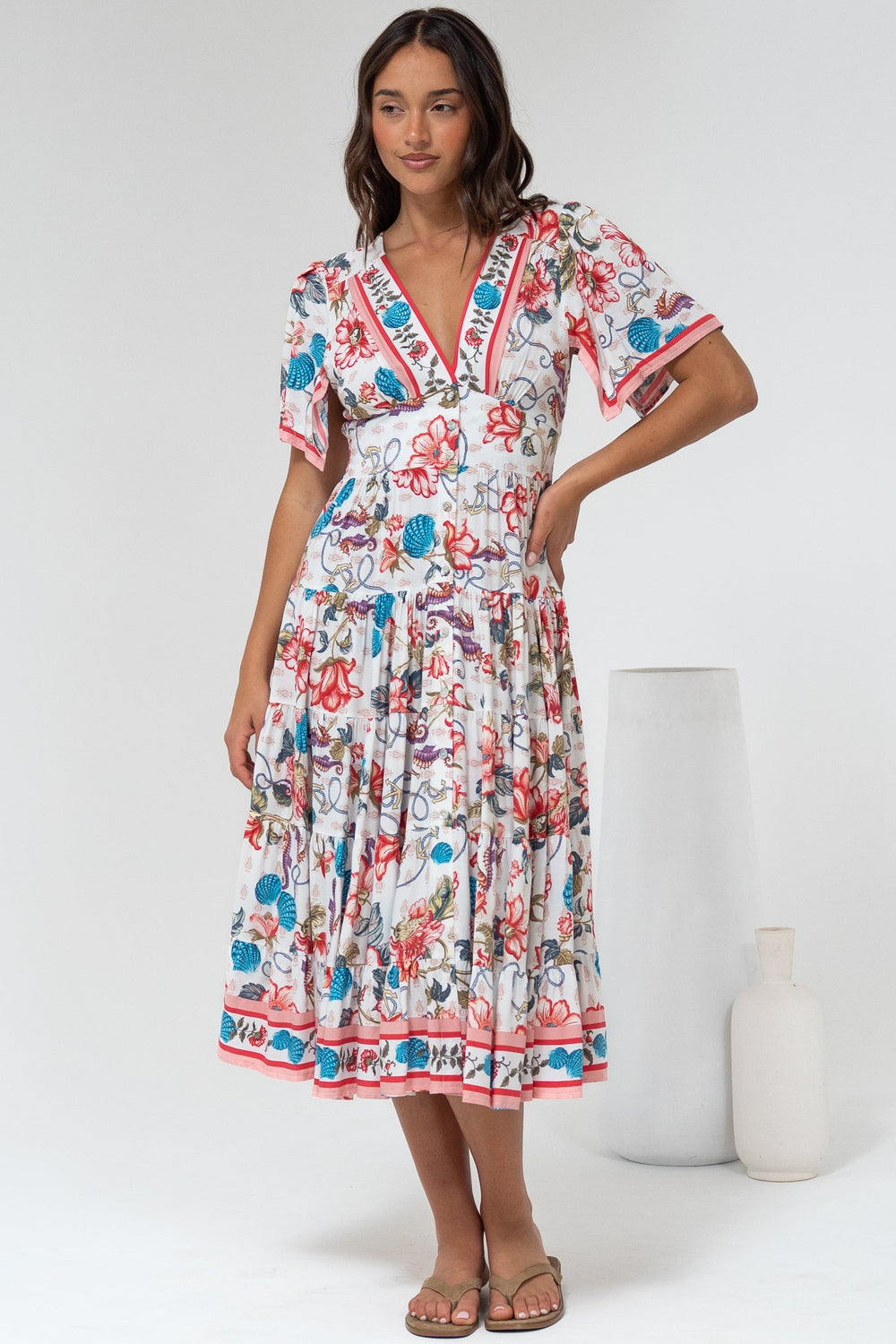 Melba Midi Dress - V-Neck Buttoned Down Dress with Flutter Sleeves in Safia Print
