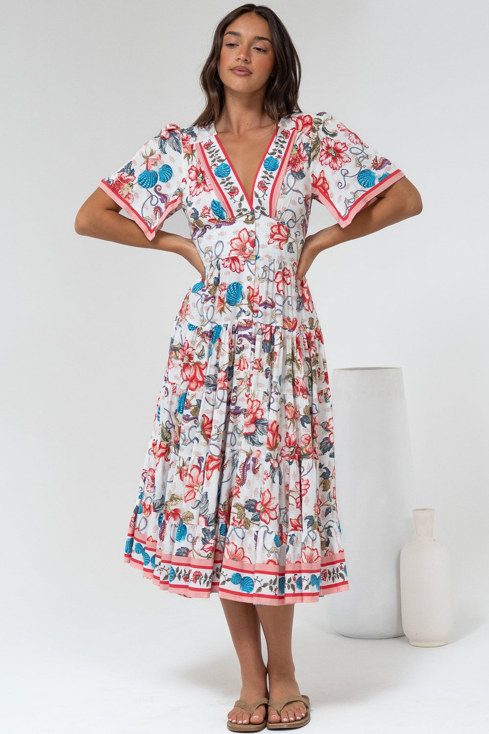 Melba Midi Dress - V-Neck Buttoned Down Dress with Flutter Sleeves in Safia Print
