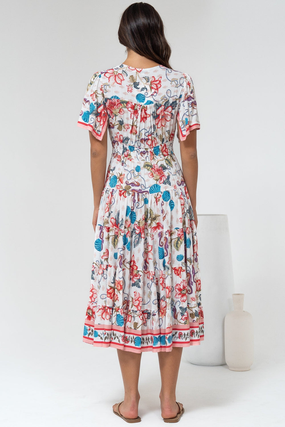 Melba Midi Dress - V-Neck Buttoned Down Dress with Flutter Sleeves in Safia Print